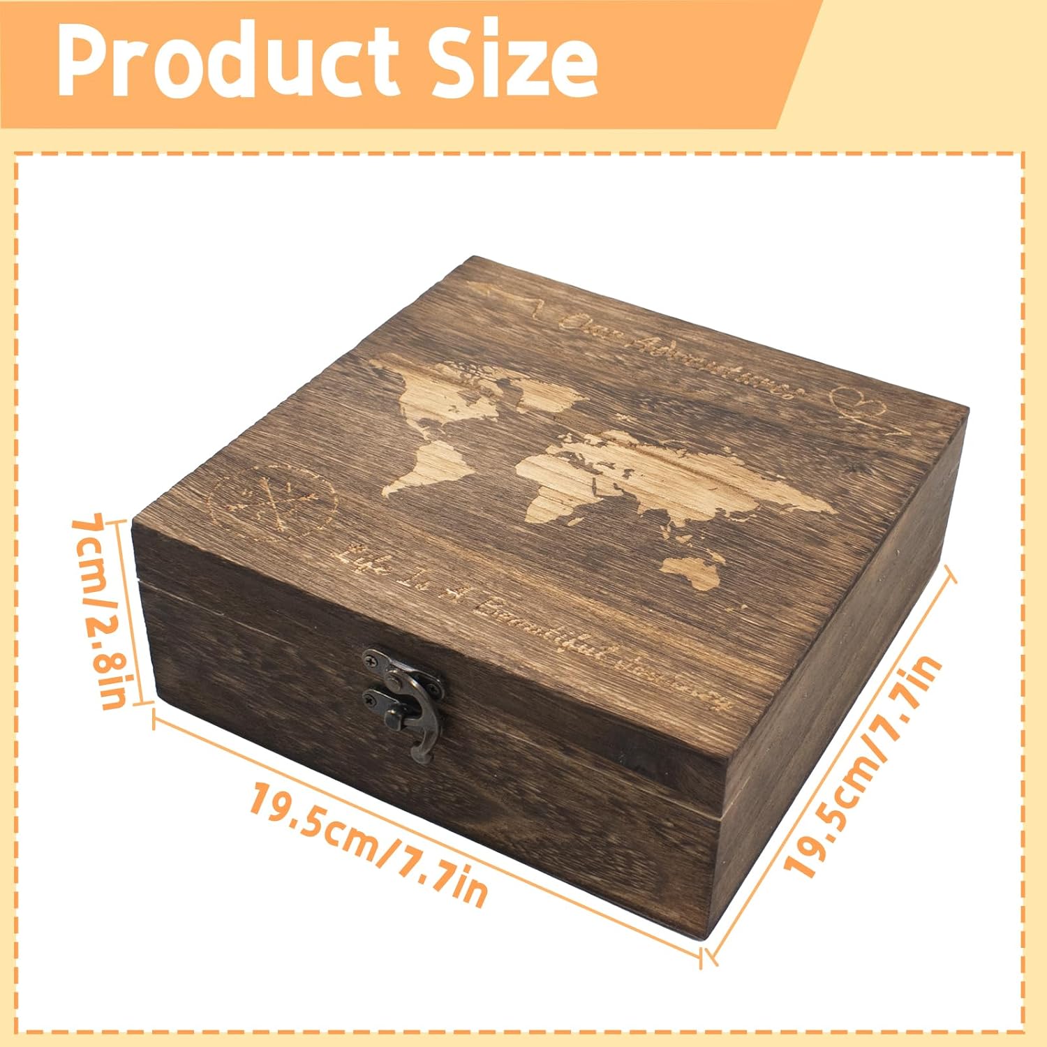 Our Adventures Box, 7.7 x 7.7 x 2.7 Inches, Decorative Wooden Keepsake Box Memory Box with World Map Background Engraved Wood Box with Lid Unique Gift Ideas Wedding Engagement Gift - Image 3