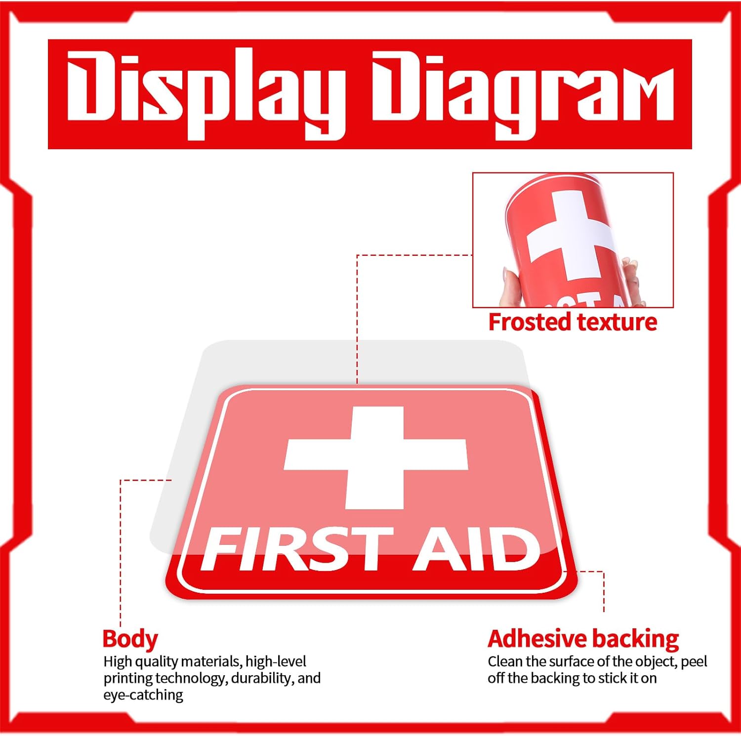 6PCS Self-Adhesive First Aid Sticker, 6.06x6.06in Waterproof First Aid Sign Medical Stickers, Red White First-Aid Patch for Home, Car, Office, or Commercial Emergency First-Aid Kit Supplies - Image 4