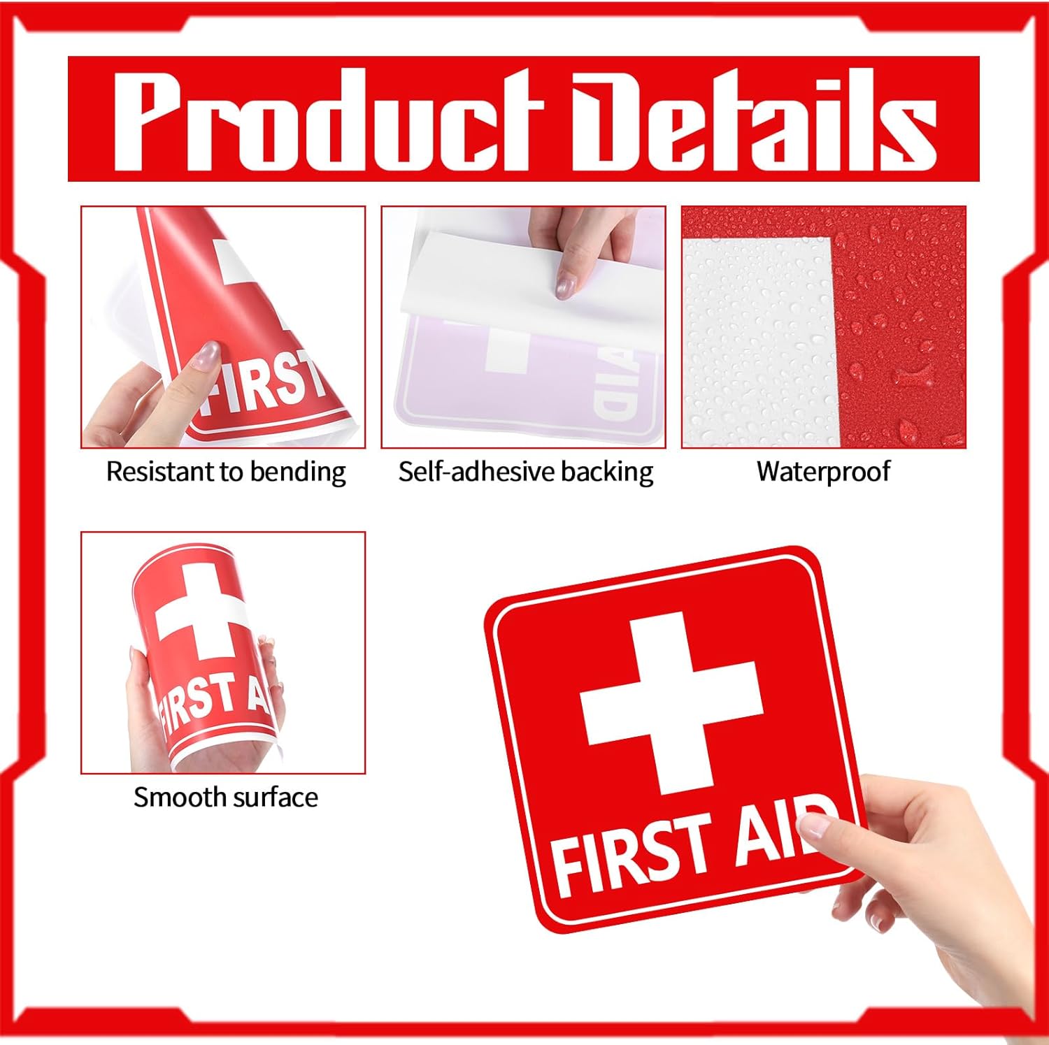 6PCS Self-Adhesive First Aid Sticker, 6.06x6.06in Waterproof First Aid Sign Medical Stickers, Red White First-Aid Patch for Home, Car, Office, or Commercial Emergency First-Aid Kit Supplies - Image 3