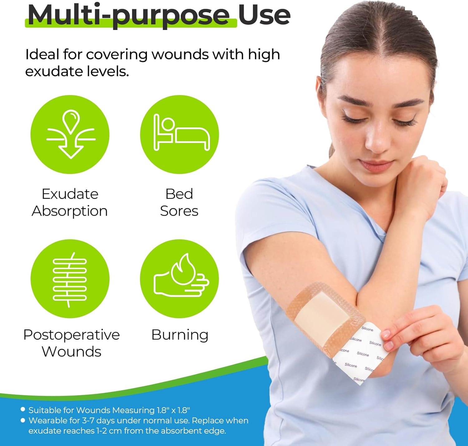 AUVON Silicone Foam Dressing with Large Adhesive Border, 3" x 3" 10-Pack Wound Dressing Bandages with High Absorbency, Waterproof Silicone Foam Pads for Wound Care & Protection Plus Cushioning - Image 8