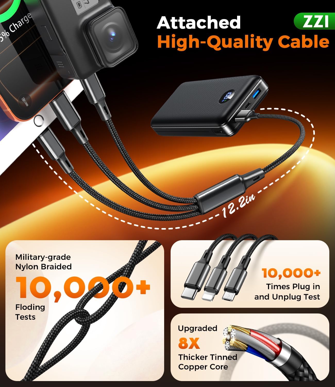 Portable Charger Power Bank, 60000mAh Battery Pack with 3 in 1 USB-C/iOS/Micro-USB Cable, 22.5W Fast Charging Portable Phone Charger, Travel Camping Essential Powerbank for iPhone 17/16 Samsung,Ebony - Image 6