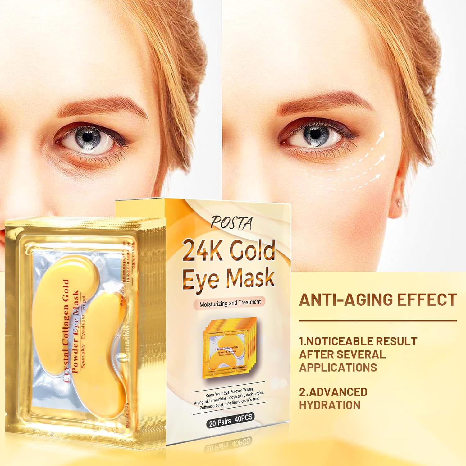 POSTA 24K Gold Eye Mask, 20 Pairs Eye Treatment Mask With Collagen, Under Eye Mask Treatment for Puffy Eyes, Dark Circles Corrector, Used for Eye Bags, Anti Aging Patches Luxury Gift for Women and Men - Image 2