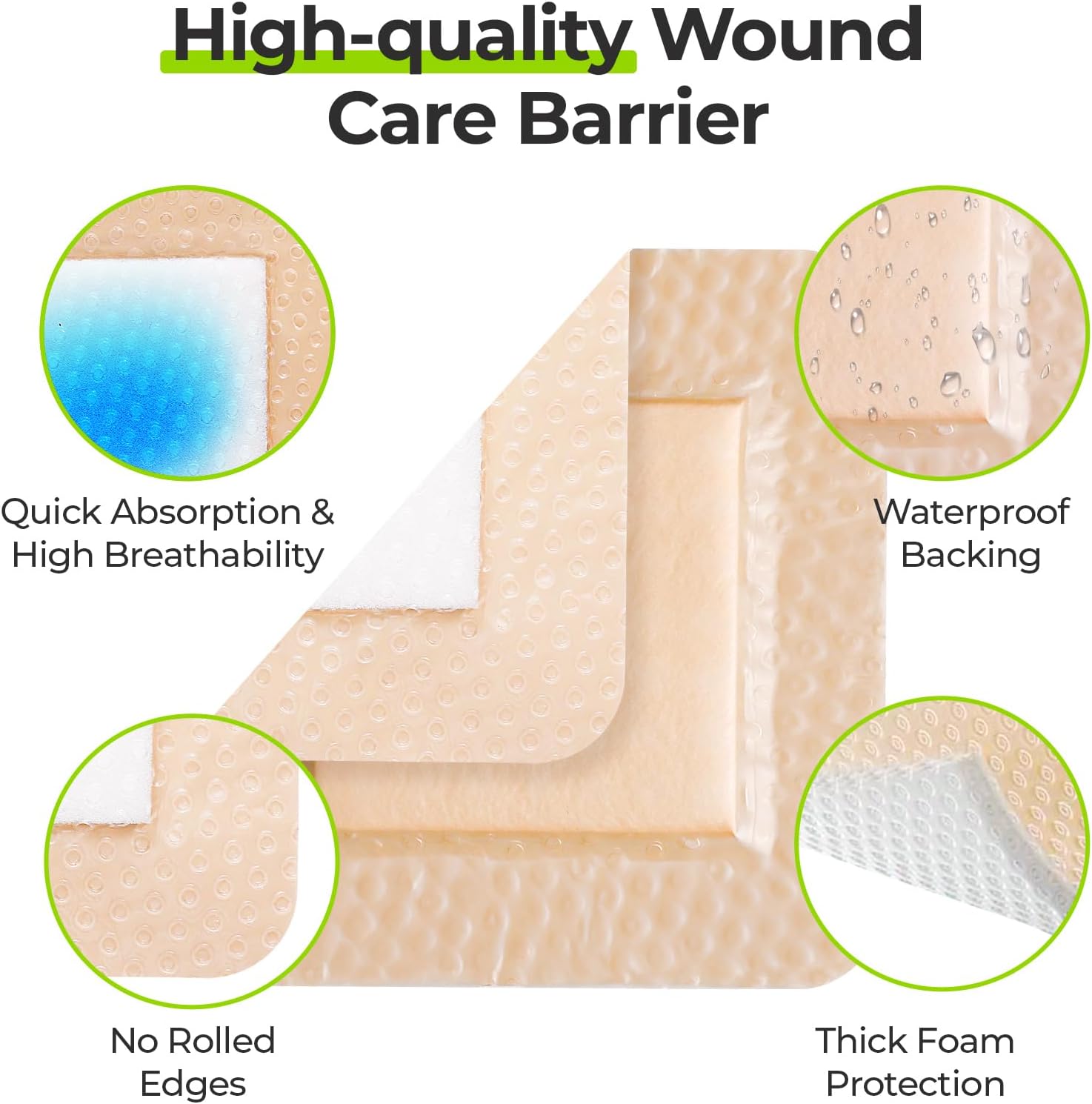 AUVON Silicone Foam Dressing with Large Adhesive Border, 3" x 3" 10-Pack Wound Dressing Bandages with High Absorbency, Waterproof Silicone Foam Pads for Wound Care & Protection Plus Cushioning - Image 2