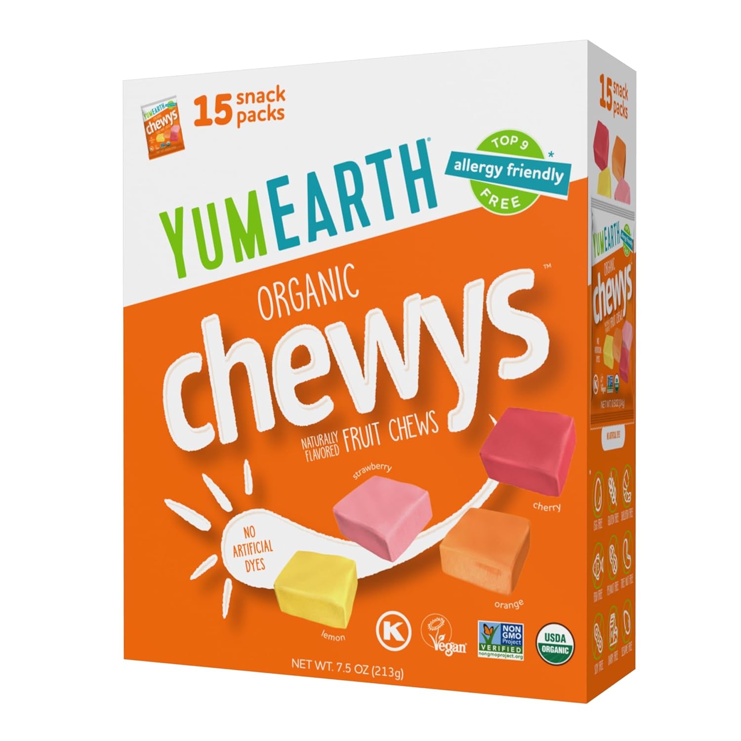 YumEarth Organic Chewys Fruit Flavored Candy Chews - Allergy Friendly, Gluten Free, Non-GMO, Vegan, No Artificial Dyes - Assorted Flavors, 7.5 oz.