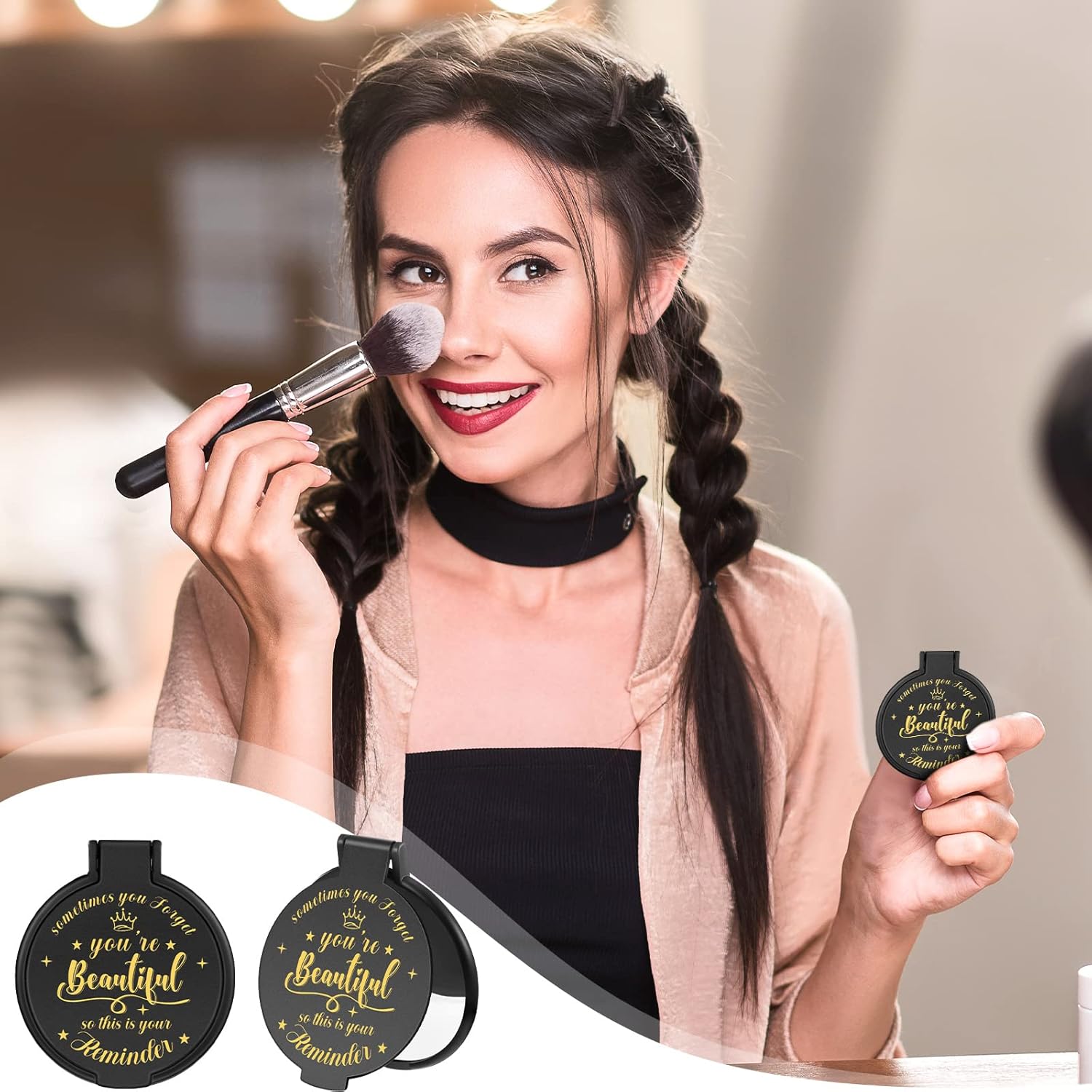 36 Pcs 2.76 Inch Inspirational Compact Mirror Bulk Women Small Gifts Graduation Party Favors Purse Mirror Pocket Mini Stuffer Items for Adult Coworker Cheerleader Employee (Black) - Image 4