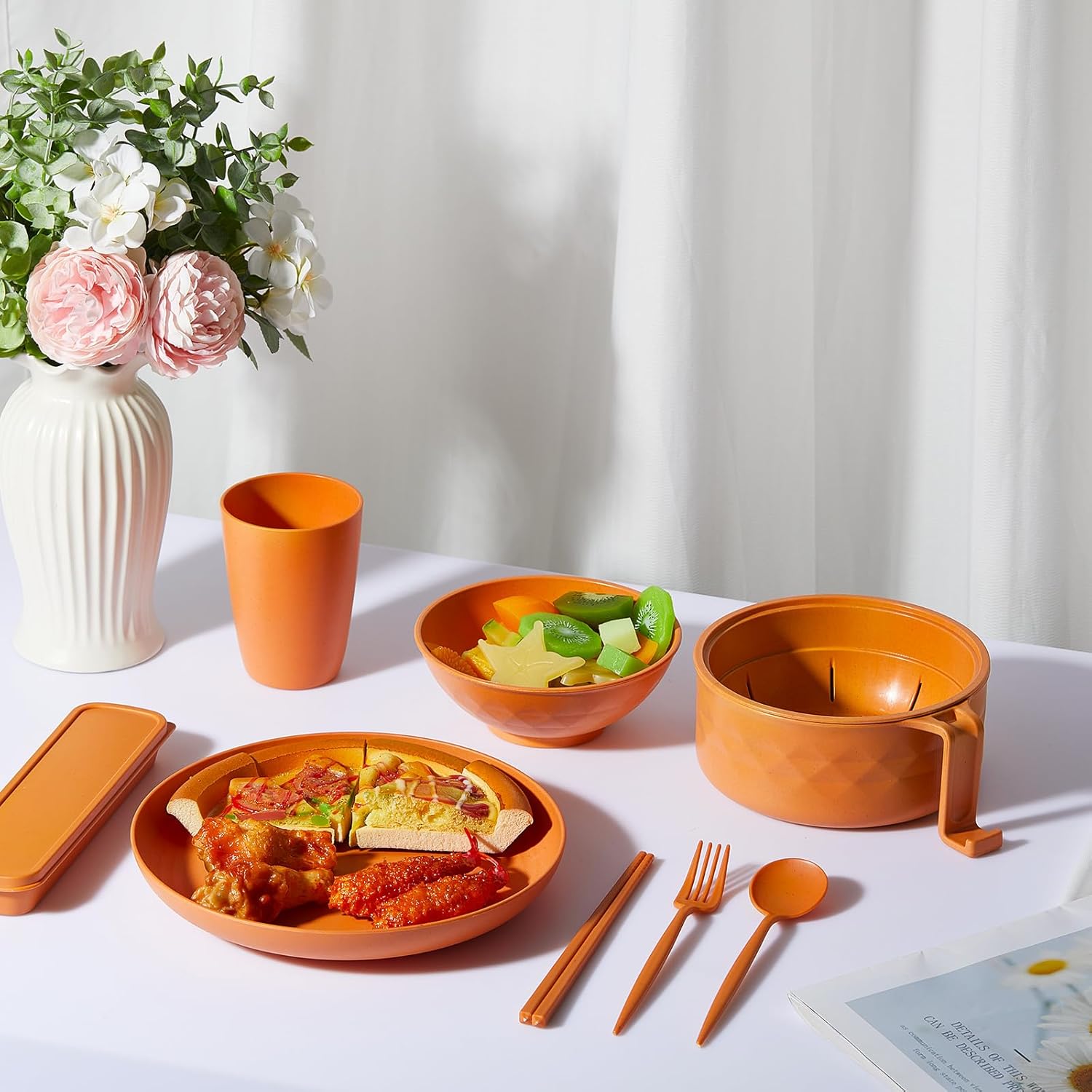 6 Pcs Microwave Ramen Cooker Set Microwavable Wheat Straw Dinnerware Sets with 40oz Ramen Bowl, Plates, Cups and Cutlery Box, Dishwasher Safe Camping College Dorm (Orange) - Image 6