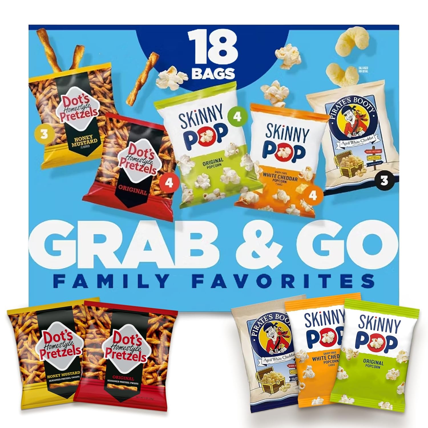 SkinnyPop Family Favorites Variety Pack, SkinnyPop Original and White Cheddar Popcorn, Dot's Original and Honey Mustard Pretzels, Pirate's Booty, On-the-Go Snacks, 0.5oz and 1oz Bags (18 Count) - Image 10