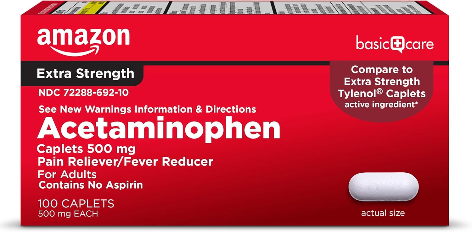 Amazon Basic Care Extra Strength Pain Relief, Acetaminophen Caplets, 500 mg, Pain Reliever/Fever Reducer, 100 Count