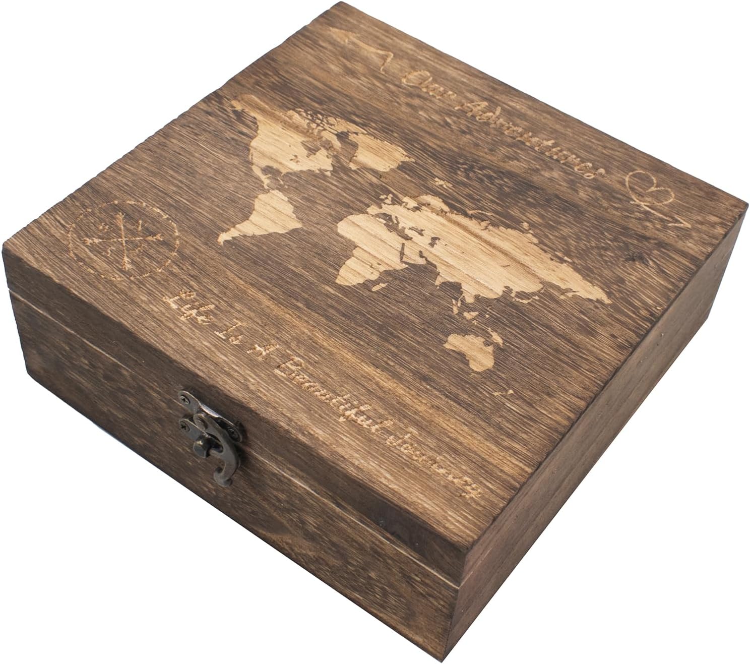 Our Adventures Box, 7.7 x 7.7 x 2.7 Inches, Decorative Wooden Keepsake Box Memory Box with World Map Background Engraved Wood Box with Lid Unique Gift Ideas Wedding Engagement Gift