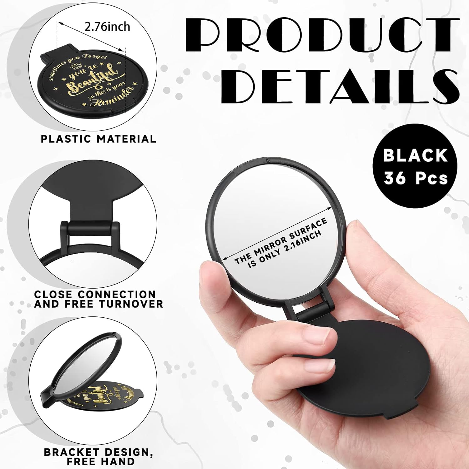 36 Pcs 2.76 Inch Inspirational Compact Mirror Bulk Women Small Gifts Graduation Party Favors Purse Mirror Pocket Mini Stuffer Items for Adult Coworker Cheerleader Employee (Black) - Image 2