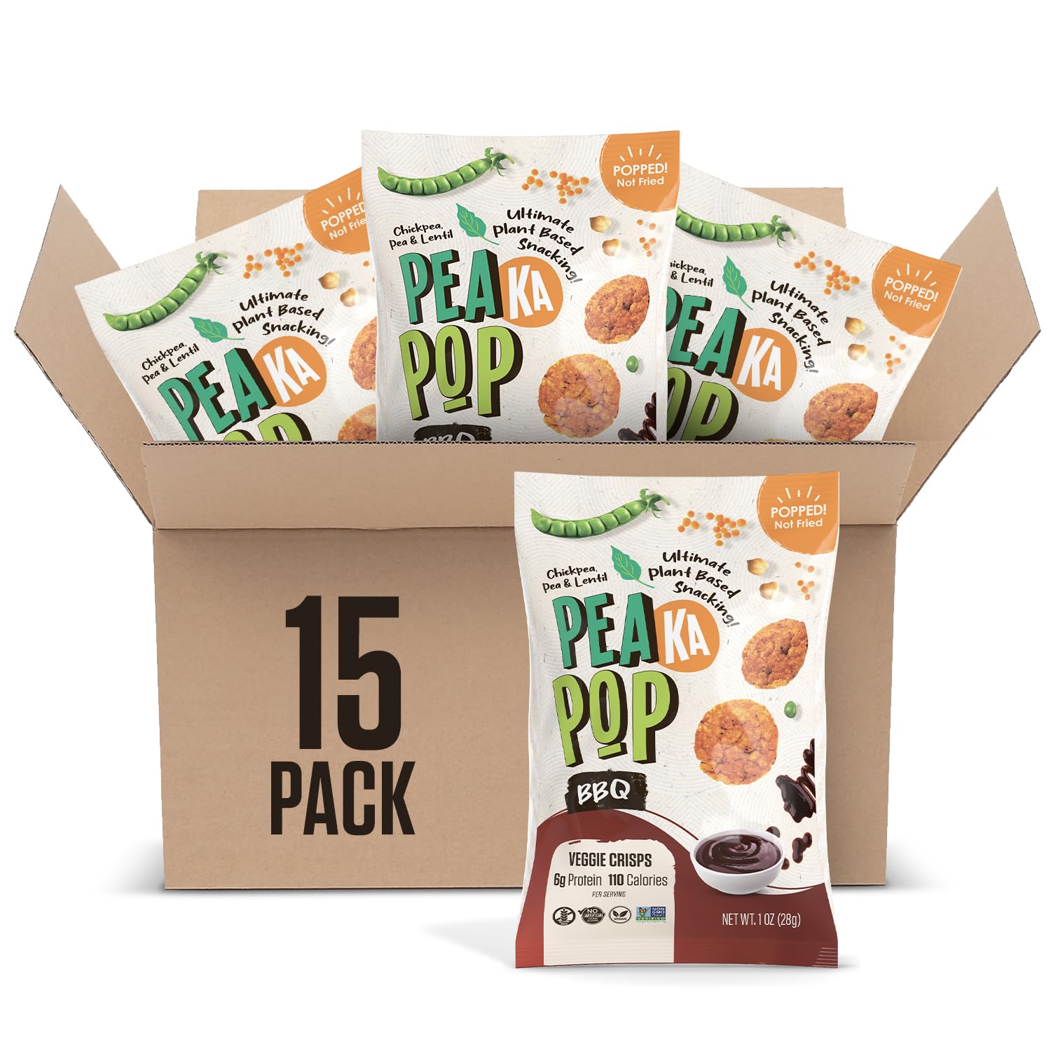 PeaKaPop Veggie Chips – Plant-Based, Healthy Veggie Crisps with Pea, Lentil & Chickpea Protein – Vegan, Gluten-Free, Popped Chips – Snack Size for Kids & Adults – 1 oz Bags (15-Pack) – BBQ