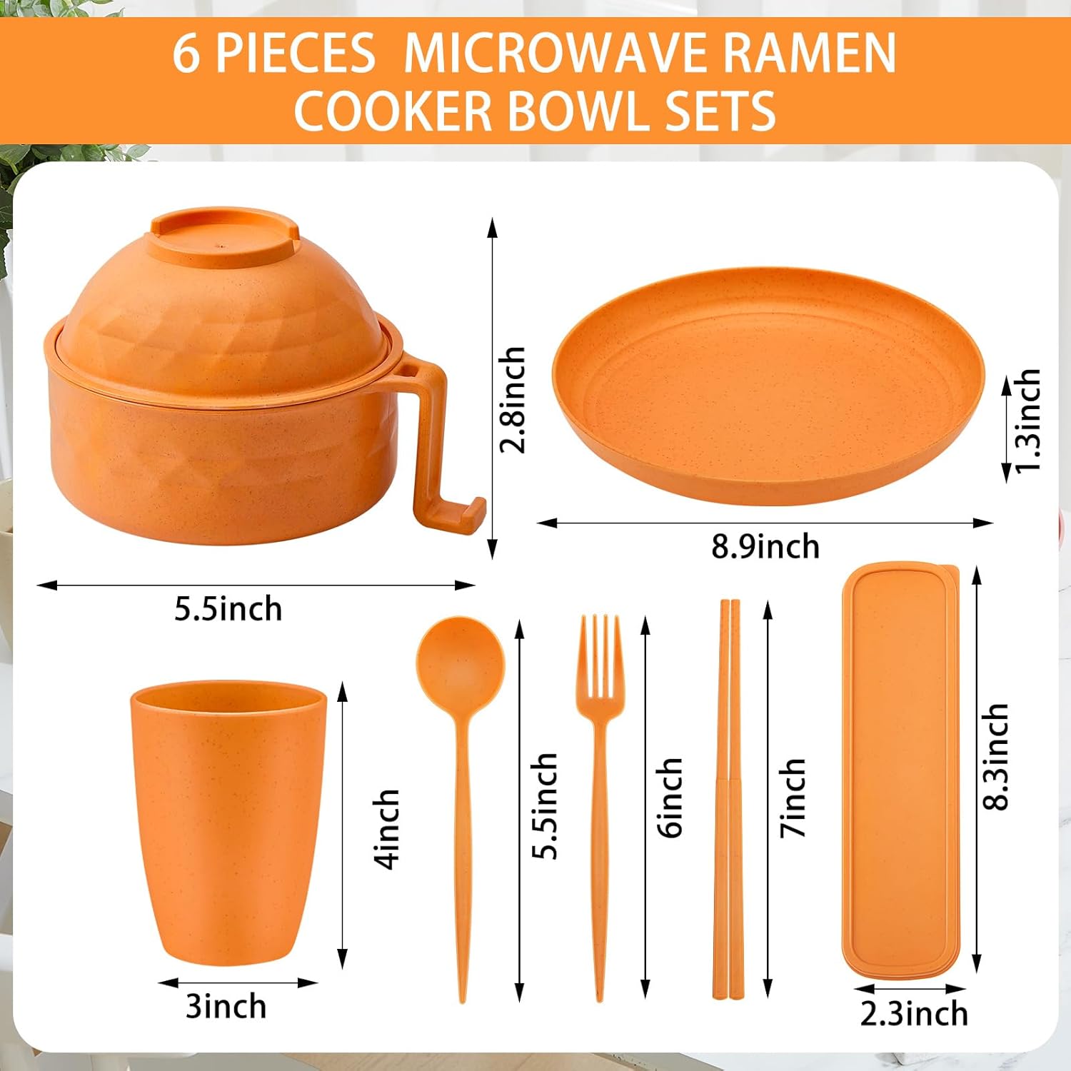 6 Pcs Microwave Ramen Cooker Set Microwavable Wheat Straw Dinnerware Sets with 40oz Ramen Bowl, Plates, Cups and Cutlery Box, Dishwasher Safe Camping College Dorm (Orange) - Image 2
