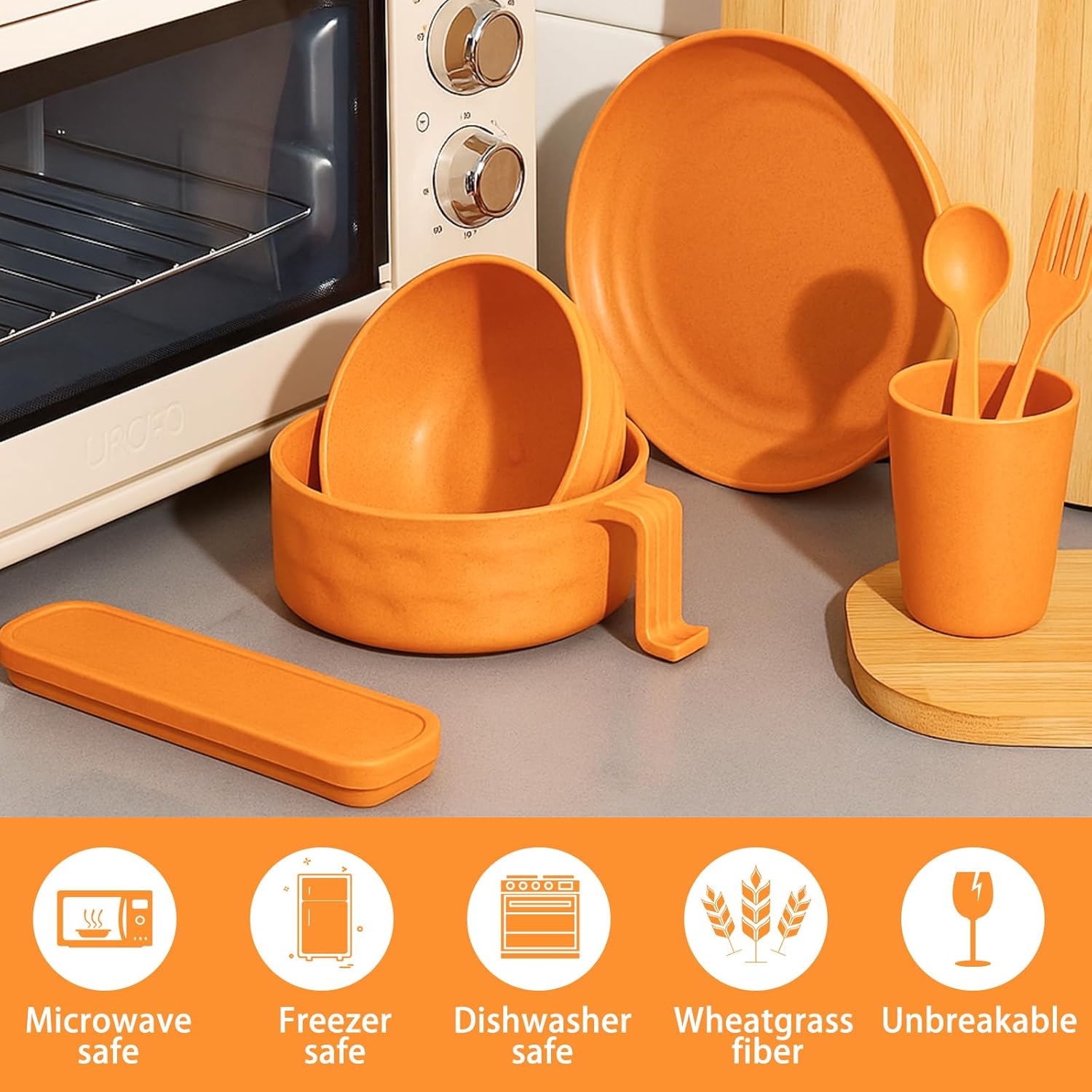 6 Pcs Microwave Ramen Cooker Set Microwavable Wheat Straw Dinnerware Sets with 40oz Ramen Bowl, Plates, Cups and Cutlery Box, Dishwasher Safe Camping College Dorm (Orange) - Image 5