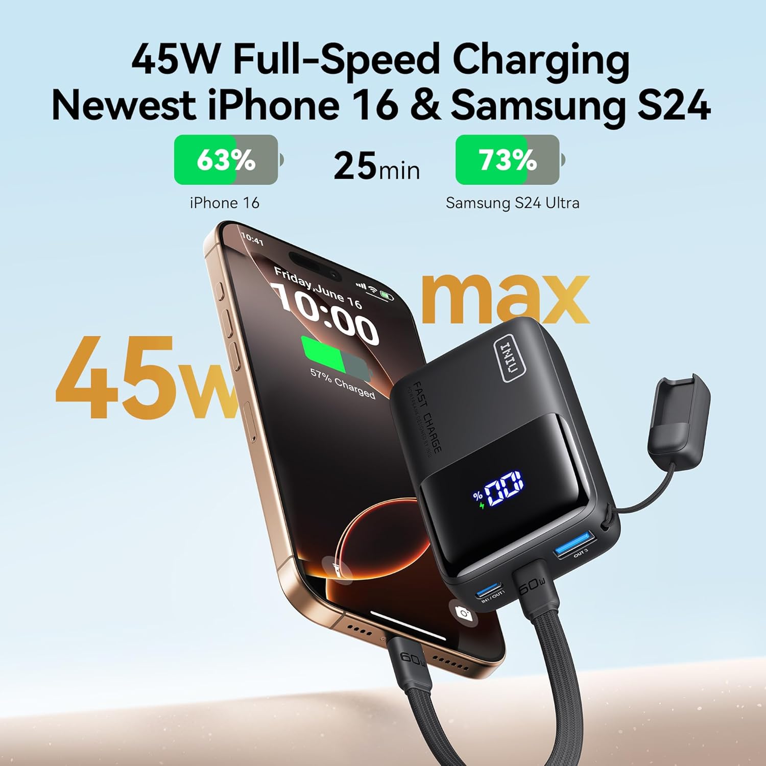 INIU Mini Portable Charger, Small 45W PD Power Bank, 10000mAh USB C in&Out Fast Charging Pocket Size Battery Pack, Travel Essentials Powerbank for iPhone 17 16 15 14 Pro Air, Xiaomi, Samsung S24 etc - Image 3