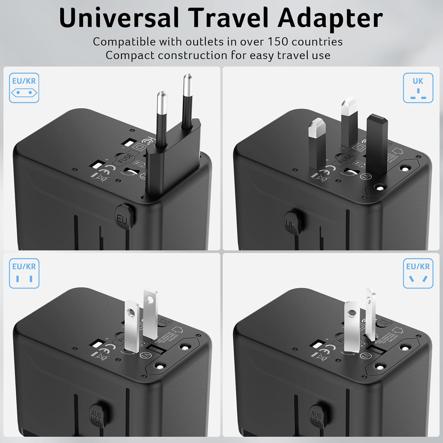 Acer 45W GaN Universal Travel Plug Adapter - International Power Adapter with 3 USB C & 1 USB A, Worldwide Power Outlet Travel Essentials for USA to European UK AUS Ireland, Type C/G/I/A, Black - Image 8