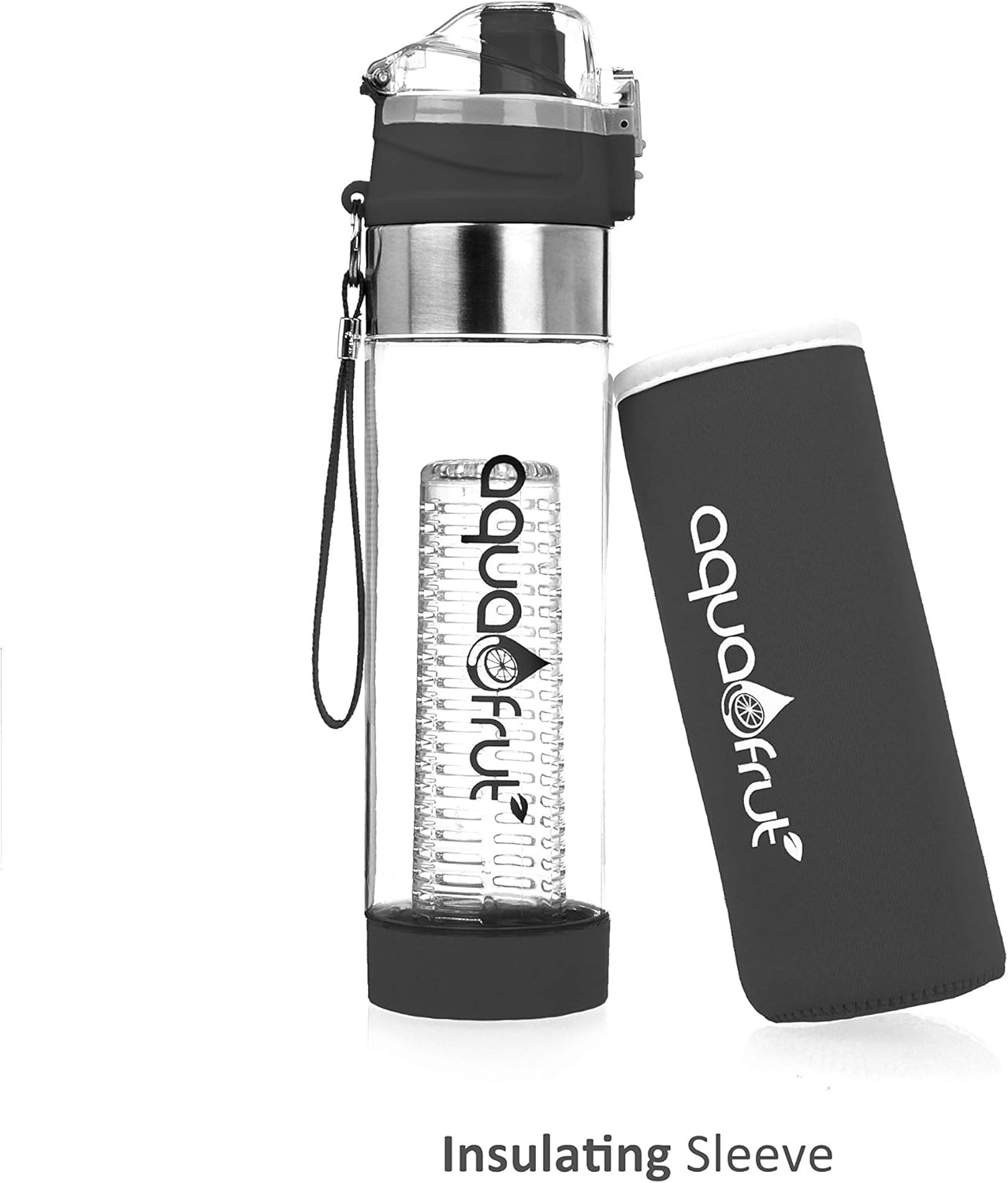 NEW AquaFrut Bottom Loading Fruit Infuser Water Bottle Complete Bundle Includes Bottle Brush, Insulating Sleeve & Infusion Recipe eBook. Leak Proof Sweat Proof BPA-Free (Black) - Image 4