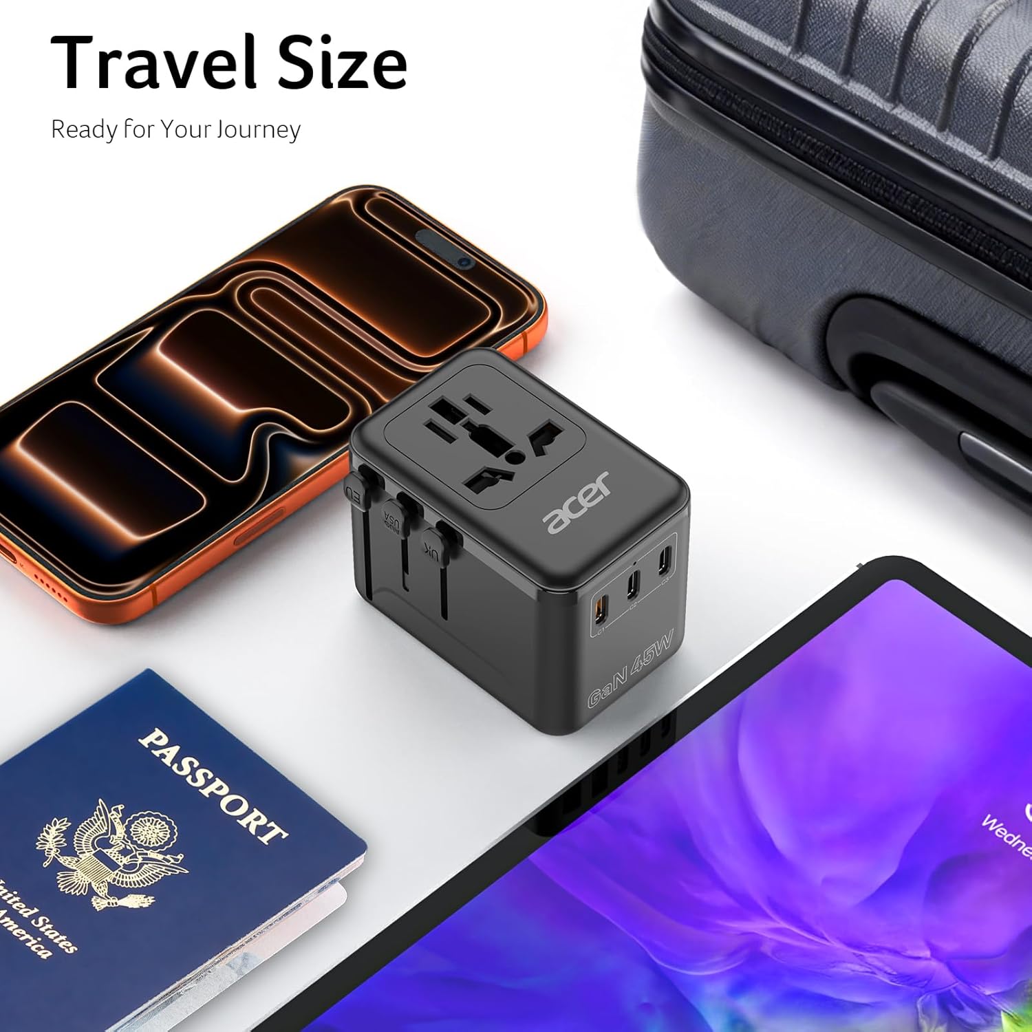 Acer 45W GaN Universal Travel Plug Adapter - International Power Adapter with 3 USB C & 1 USB A, Worldwide Power Outlet Travel Essentials for USA to European UK AUS Ireland, Type C/G/I/A, Black - Image 5