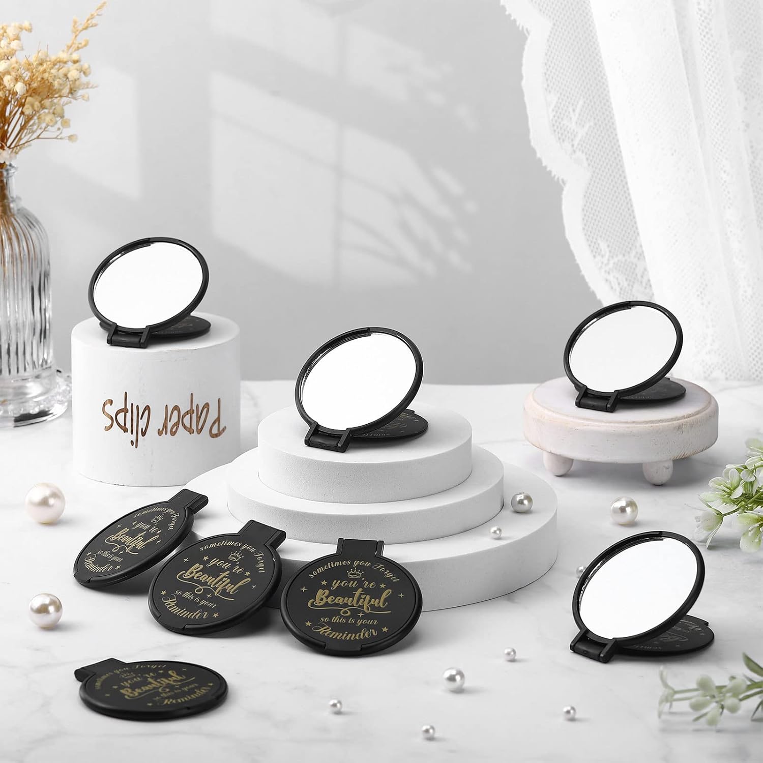 36 Pcs 2.76 Inch Inspirational Compact Mirror Bulk Women Small Gifts Graduation Party Favors Purse Mirror Pocket Mini Stuffer Items for Adult Coworker Cheerleader Employee (Black) - Image 6