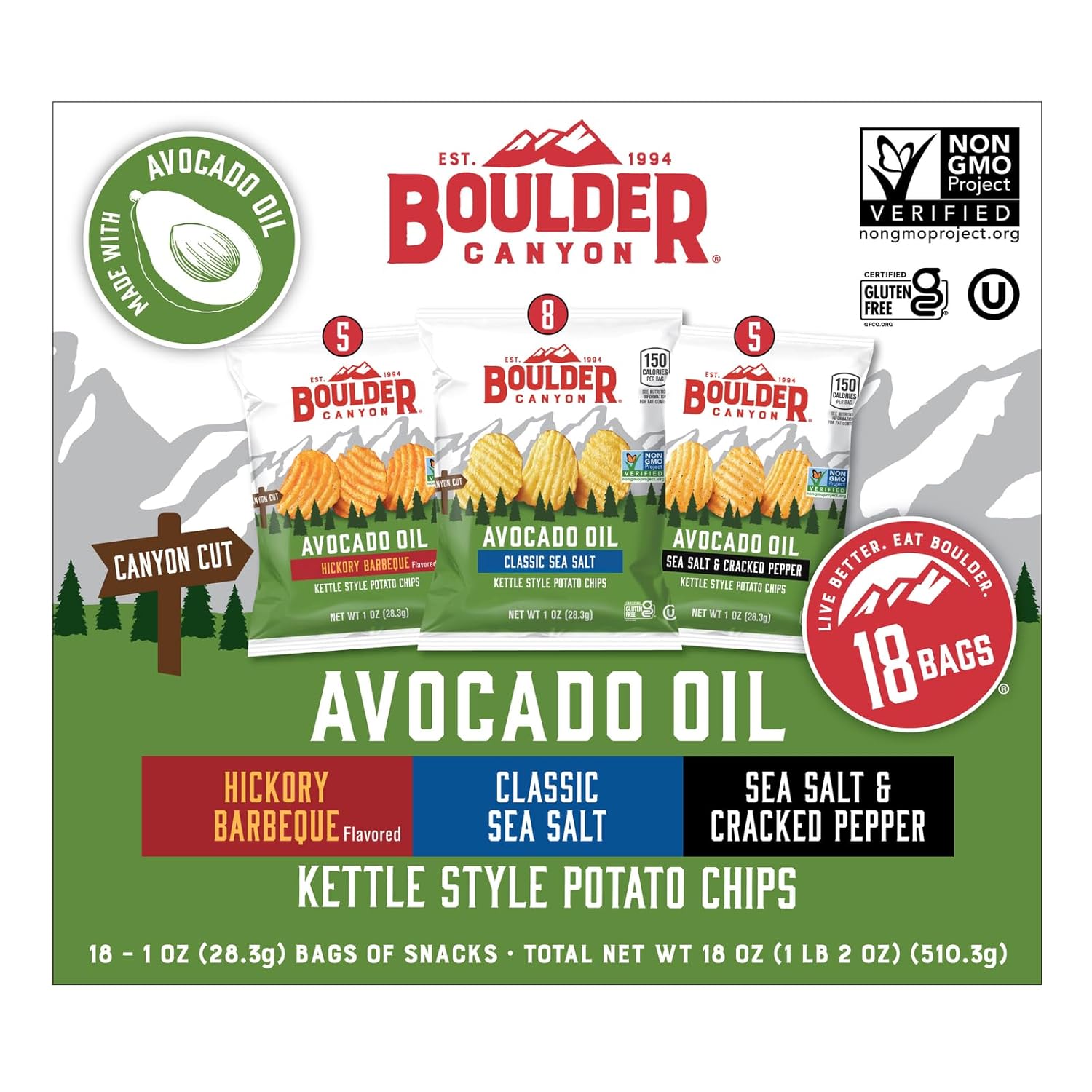Boulder Canyon Avocado Oil Kettle Style Potato Chips Variety Pack, 18 Count - Gluten-Free, Non-GMO, Hickory Barbecue, Classic Sea Salt, Sea Salt & Cracked Pepper (1 oz Bags) - Image 3
