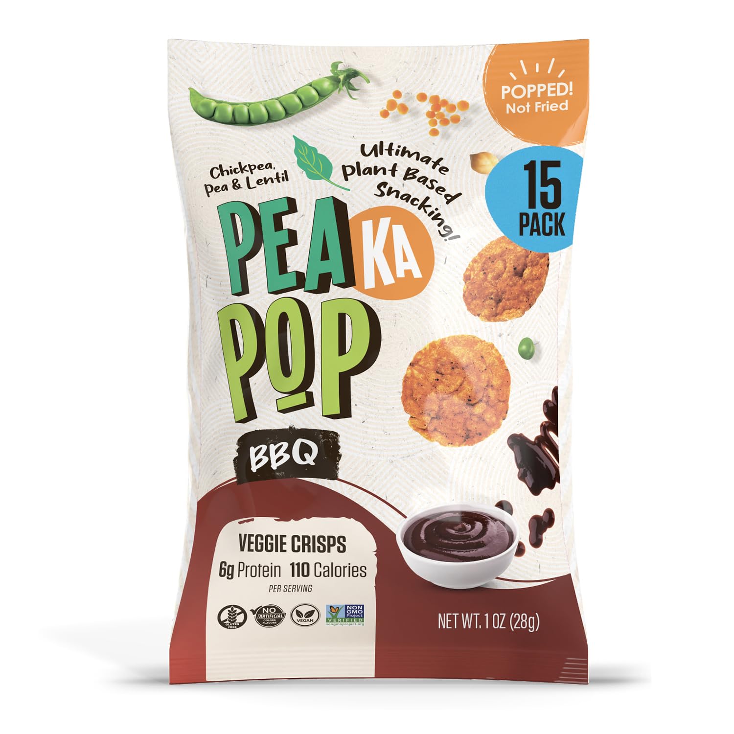 PeaKaPop Veggie Chips – Plant-Based, Healthy Veggie Crisps with Pea, Lentil & Chickpea Protein – Vegan, Gluten-Free, Popped Chips – Snack Size for Kids & Adults – 1 oz Bags (15-Pack) – BBQ - Image 3