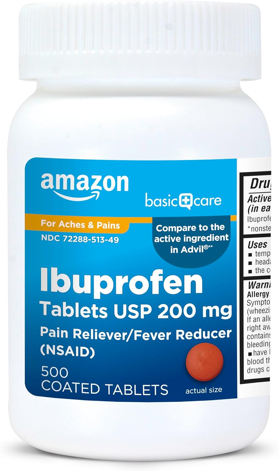 Amazon Basic Care Ibuprofen Tablets 200 mg, Pain Reliever/Fever Reducer, Body Aches, Headache, Arthritis Pain Relief and More, 500 Count (Pack of 1)