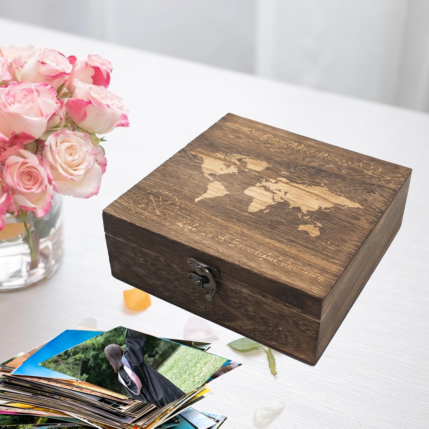 Our Adventures Box, 7.7 x 7.7 x 2.7 Inches, Decorative Wooden Keepsake Box Memory Box with World Map Background Engraved Wood Box with Lid Unique Gift Ideas Wedding Engagement Gift - Image 5