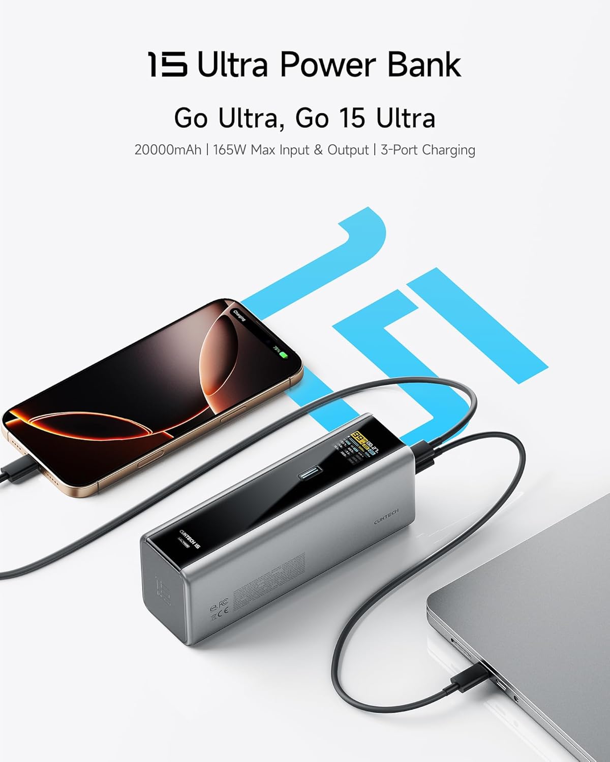 CUKTECH 15 Ultra Power Bank for Laptop, 20,000mAh 140W Portable Charger, Smart Display, External Battery for Outdoor Work and Travel, for iPhone 16/15, MacBook, Samsung, and More (Flight-Approved) - Image 2