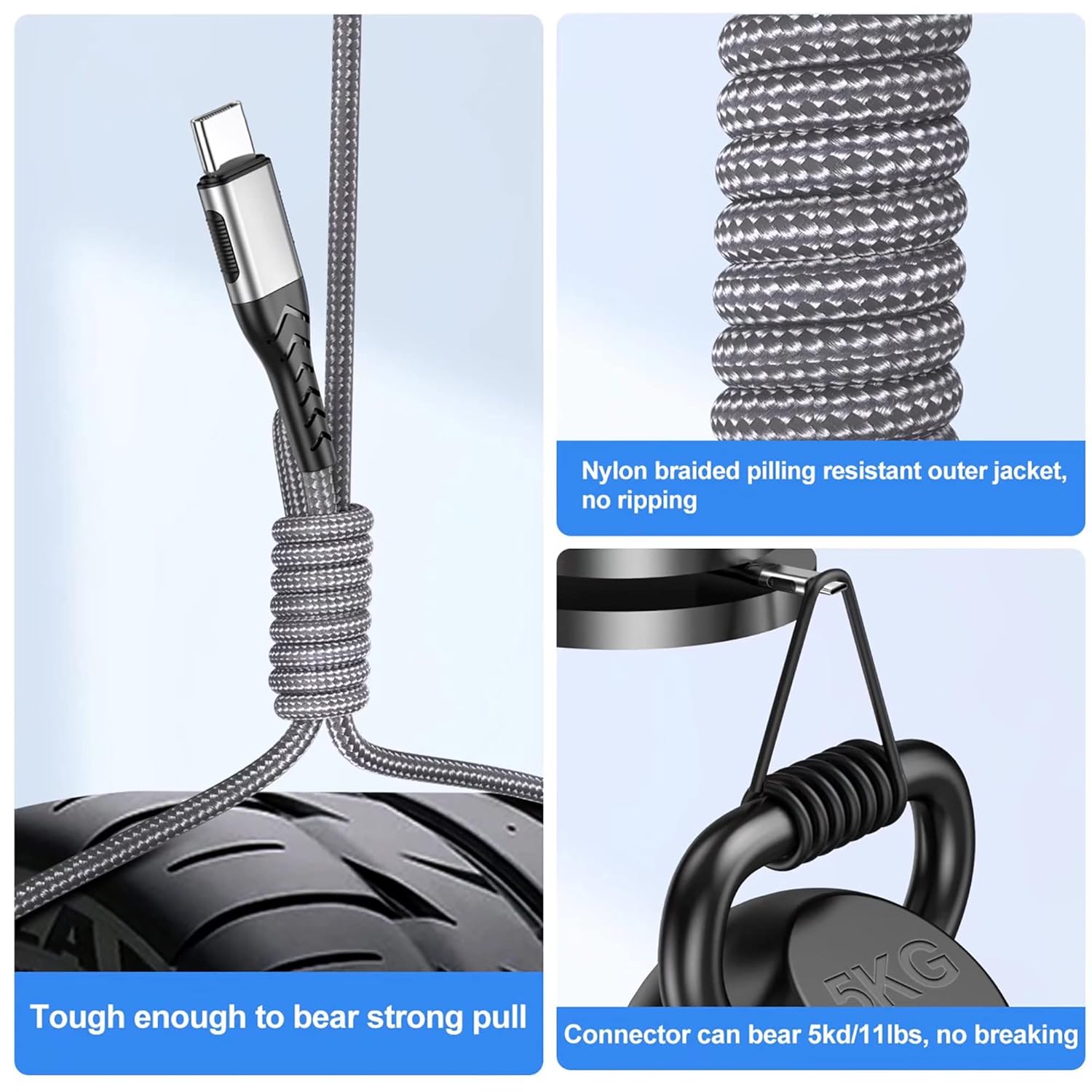 Durcord 2Pack 10ft USB C Charger Cable - 100W Fast Charging for Android/Phone/Pad, Type C to Type C Compatible with iPhone 17/16/15 Pro Plus Max Silver - Image 3