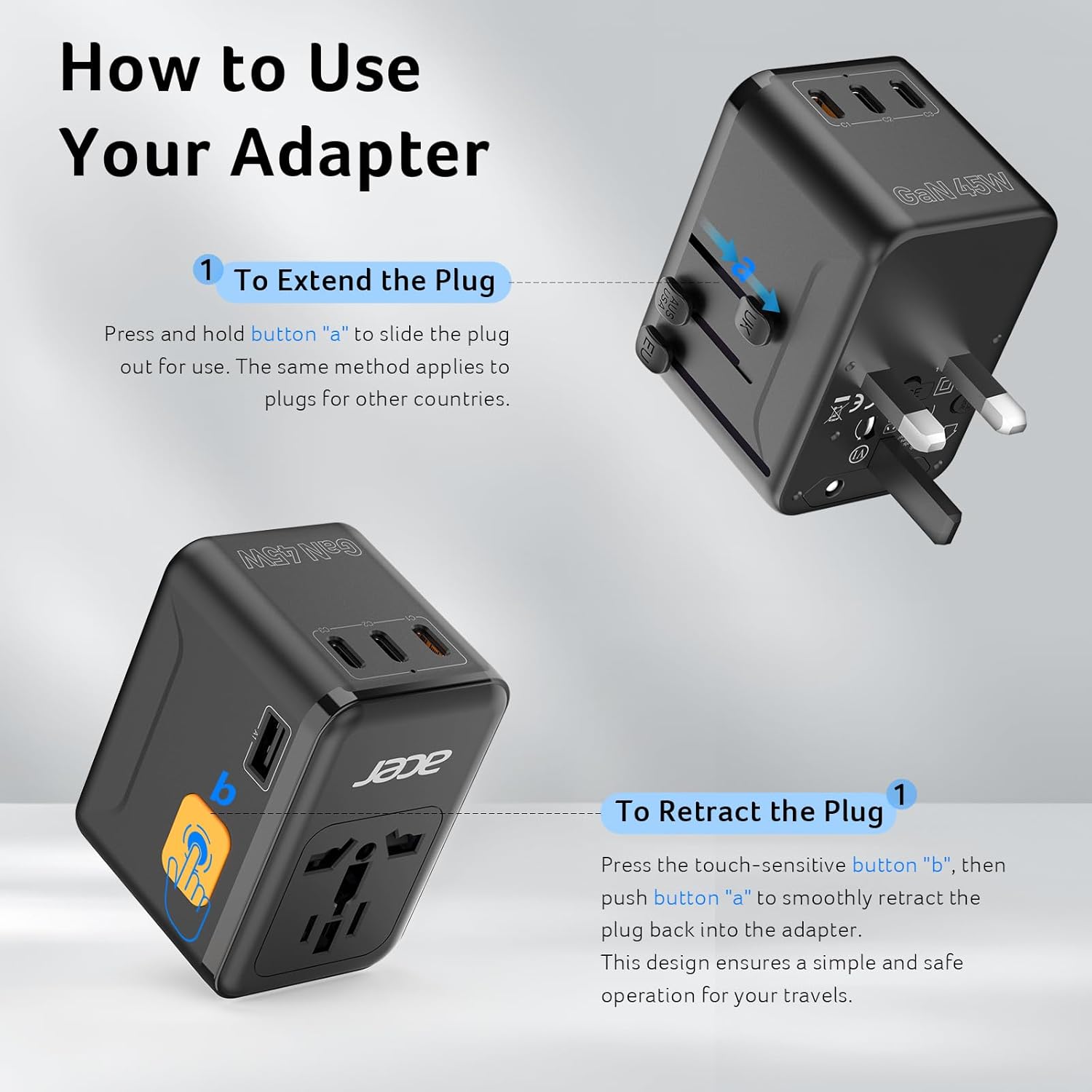 Acer 45W GaN Universal Travel Plug Adapter - International Power Adapter with 3 USB C & 1 USB A, Worldwide Power Outlet Travel Essentials for USA to European UK AUS Ireland, Type C/G/I/A, Black - Image 7