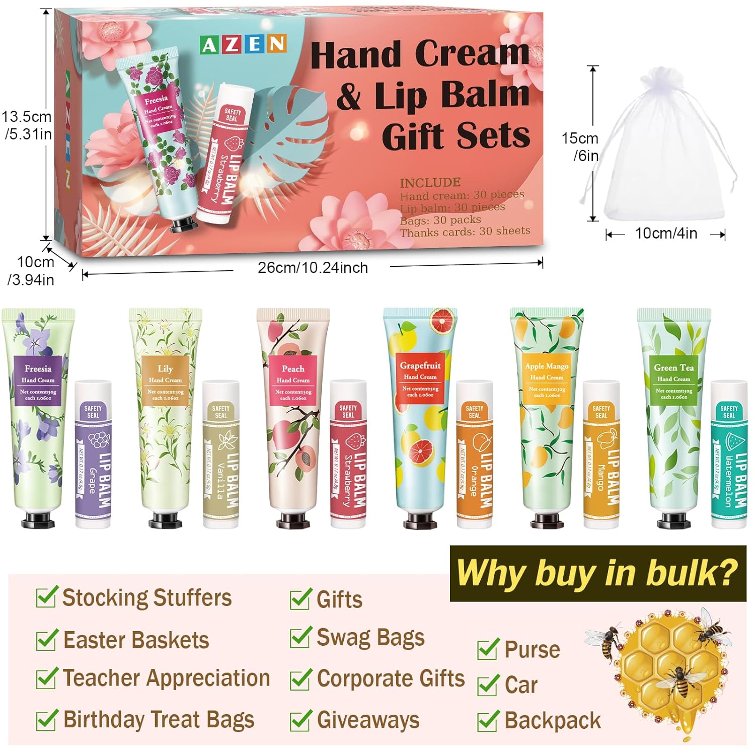 AZEN 30 Sets Bulk Gifts, Hand Cream and Lip Balm Bulk Set with Organza Bag Thank You Card, Baby Shower Wedding Gifts for Guests, Bridal Wedding Favors - Image 6