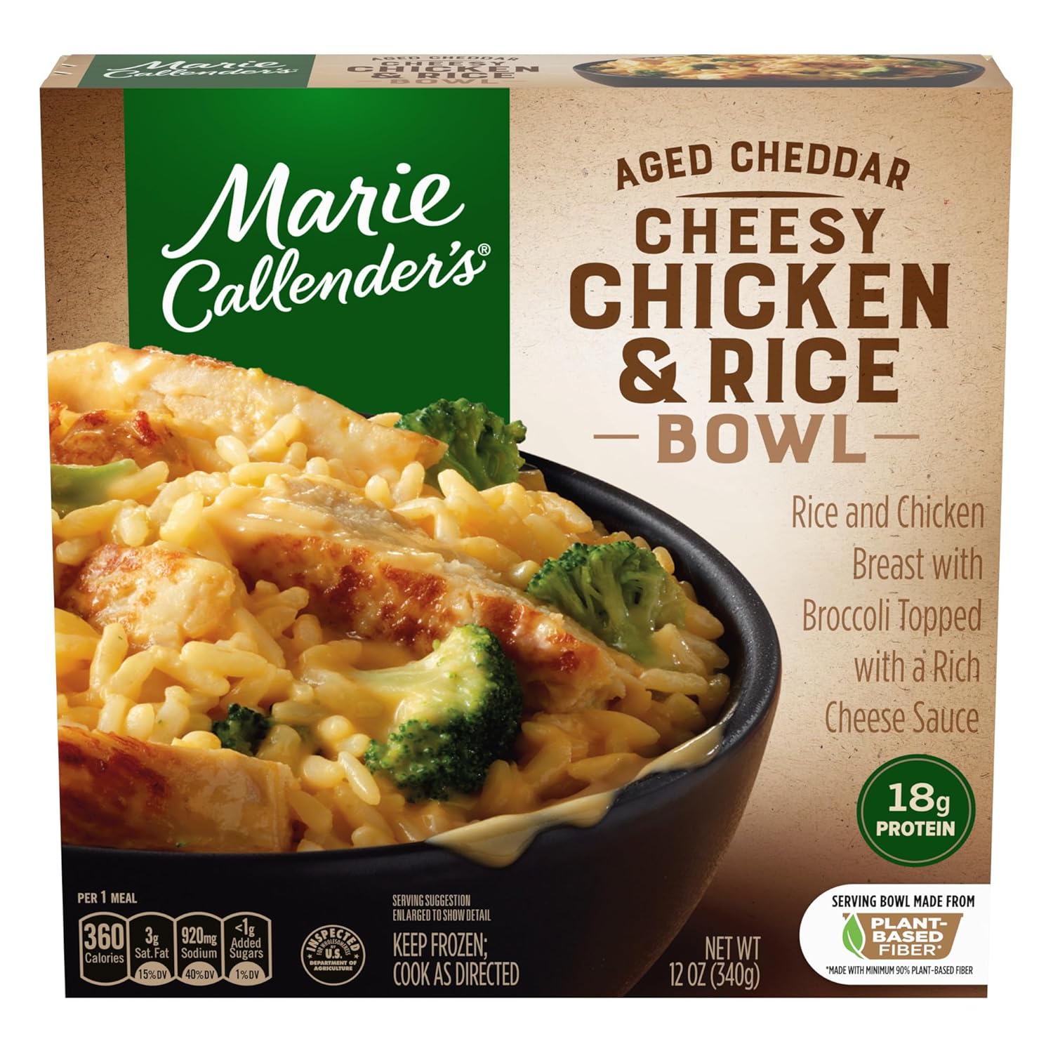Marie Callender's Aged Cheddar Cheesy Chicken and Rice Bowl, Convenient Oven or Microwave Meal With Chicken and Rice, Frozen Meal, 12 OZ