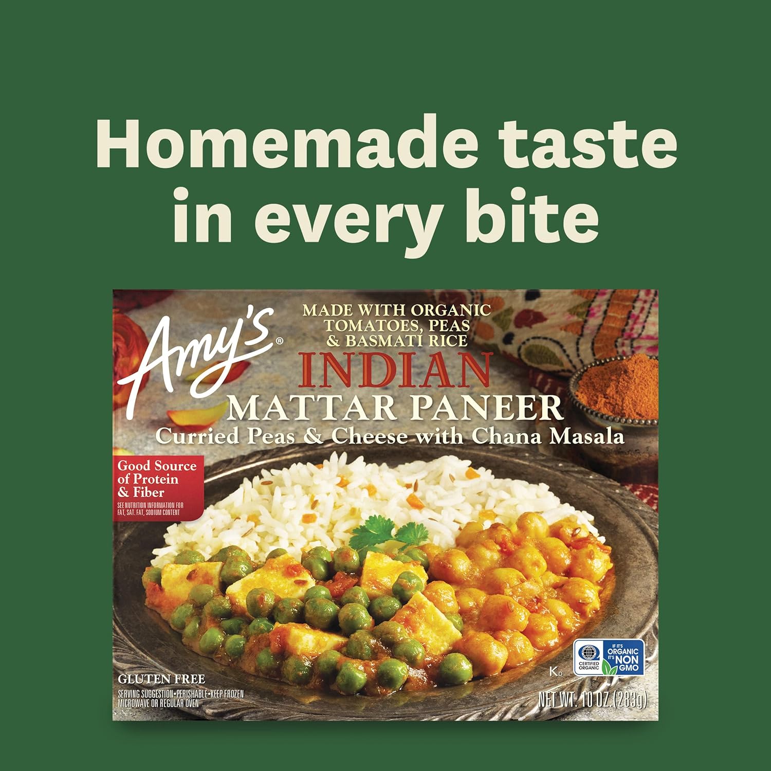 Amy's Frozen Meals, Indian Mattar Paneer, Made with Basmati Rice, Cheese, Organic Tomatoes, Peas & Garbanzo Beans, Gluten Free, 10 oz. - Image 5