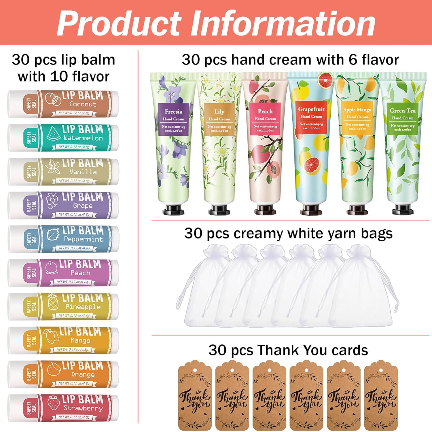 AZEN 30 Sets Bulk Gifts, Hand Cream and Lip Balm Bulk Set with Organza Bag Thank You Card, Baby Shower Wedding Gifts for Guests, Bridal Wedding Favors - Image 2