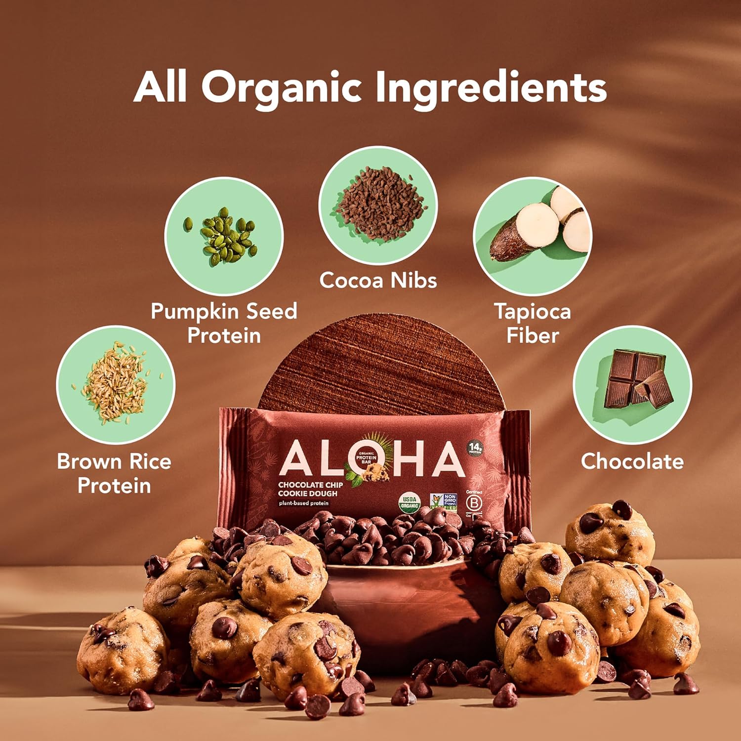 Aloha Organic Plant Based Protein Bars Chocolate Chip Cookie Dough, 1.98 Oz,(Pack of 12) - Image 3