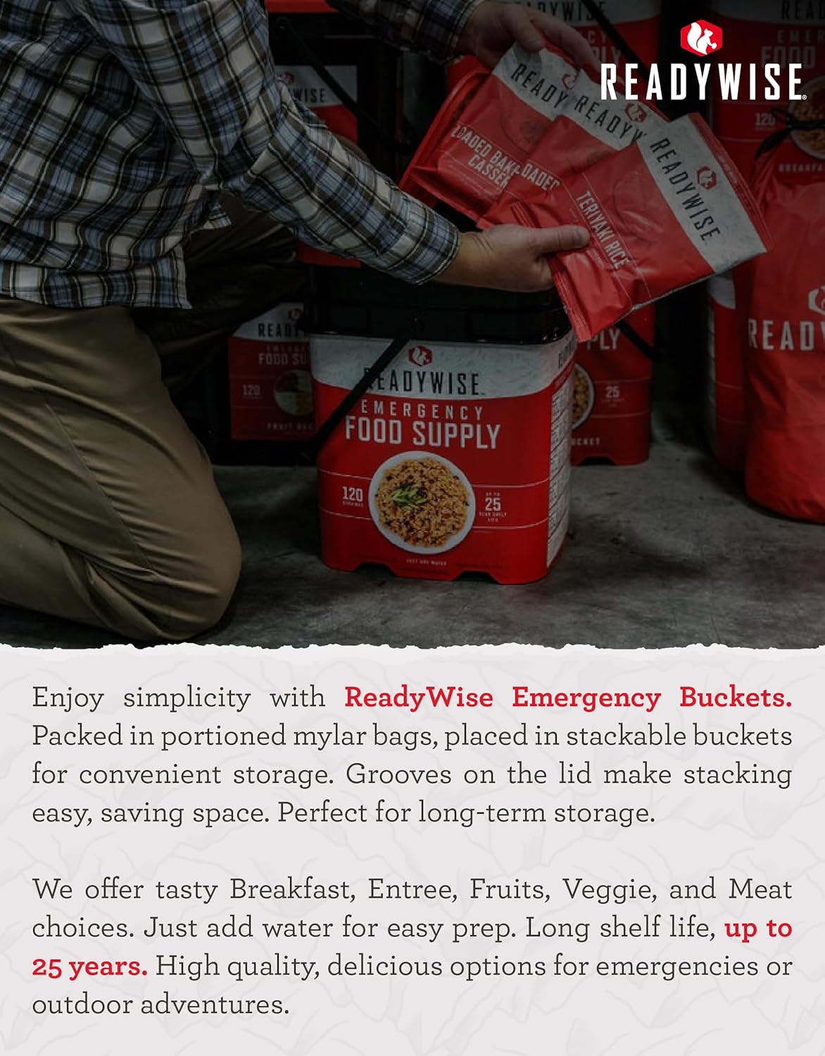 ReadyWise Emergency Food Supply - 120 Servings Favorites Sample Bucket, Survival Food Kit, Freeze Dried Prepper Food & Dehydrated Meals for Camping Essentials & Backpacking, up to 25 Year Shelf Life - Image 7