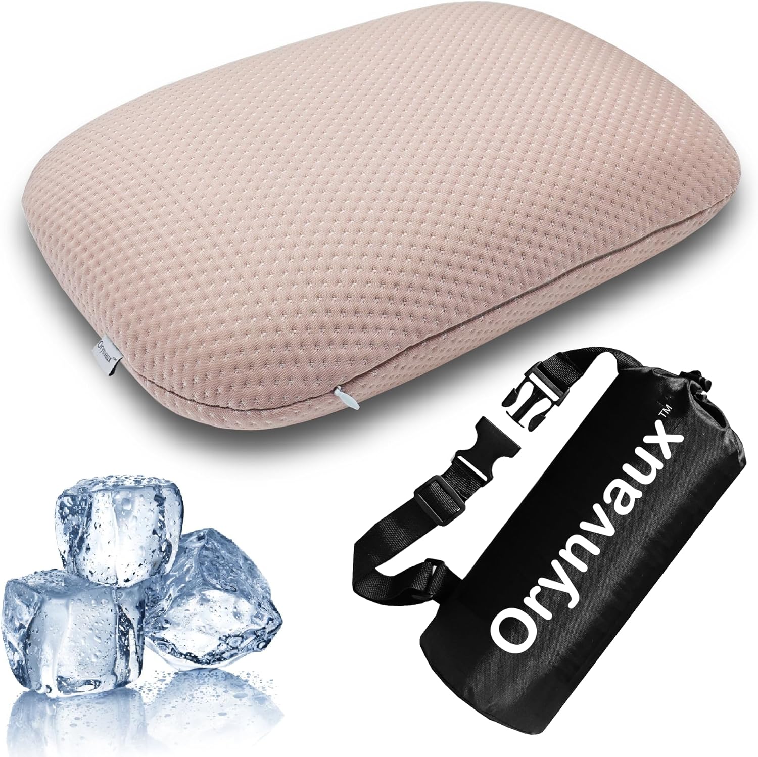 Cooling Camping Pillow, Memory Foam Travel Pillow with Adjustable Buckle Strap & Storage Bag, Compact Small Pillow for Airplane, Car Lumbar, Office, Washable Cooling Cover, Sakura Pink