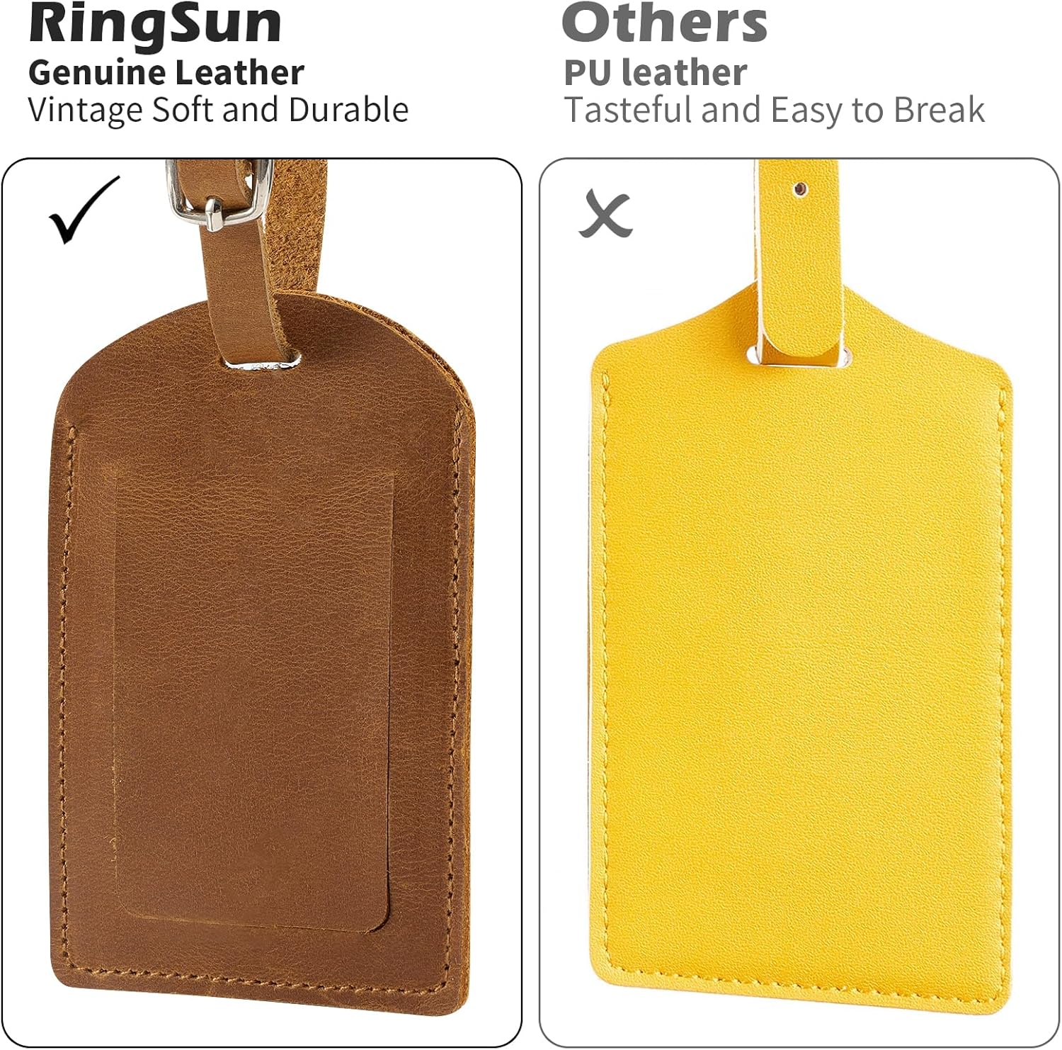 Ringsun Genuine Leather Luggage Tag for Suitcases ID Tags Bag Tags for Luggage (2 Pack) - Image 3