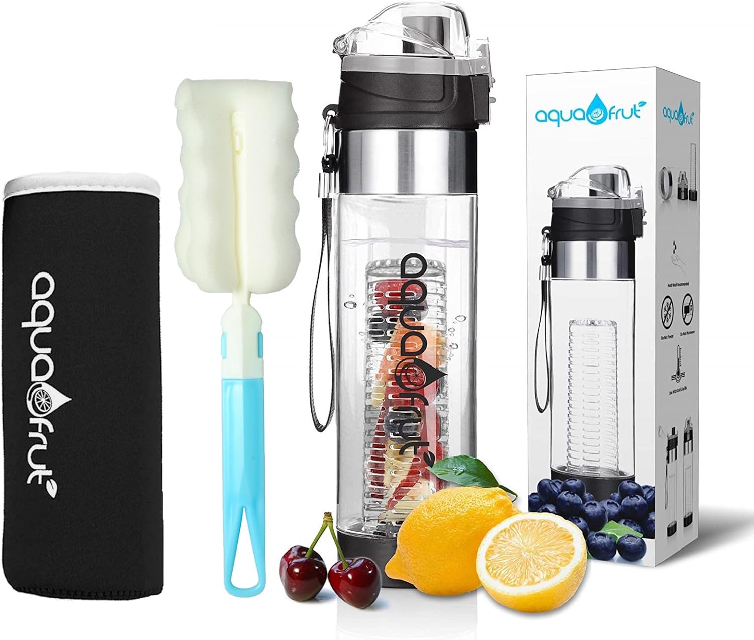 NEW AquaFrut Bottom Loading Fruit Infuser Water Bottle Complete Bundle Includes Bottle Brush, Insulating Sleeve & Infusion Recipe eBook. Leak Proof Sweat Proof BPA-Free (Black)