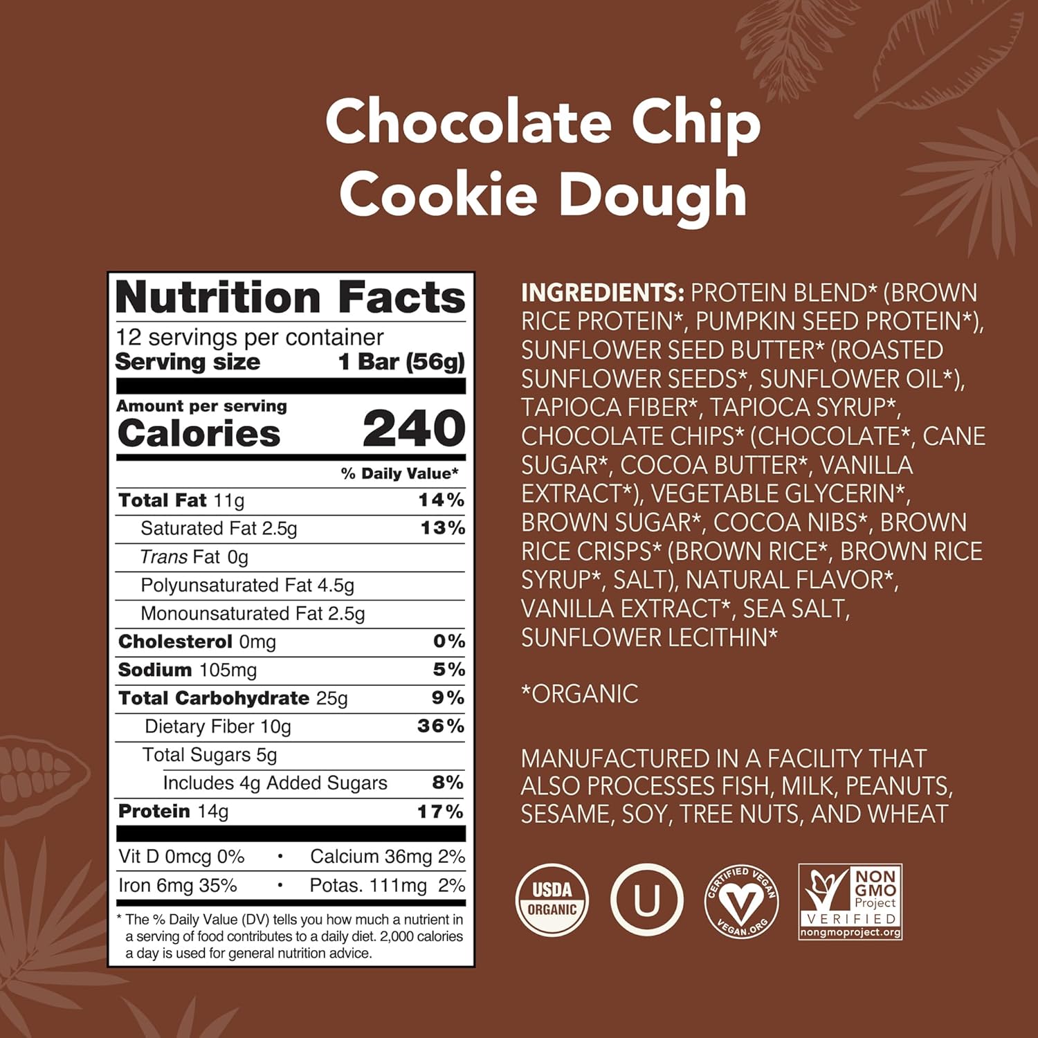 Aloha Organic Plant Based Protein Bars Chocolate Chip Cookie Dough, 1.98 Oz,(Pack of 12) - Image 2