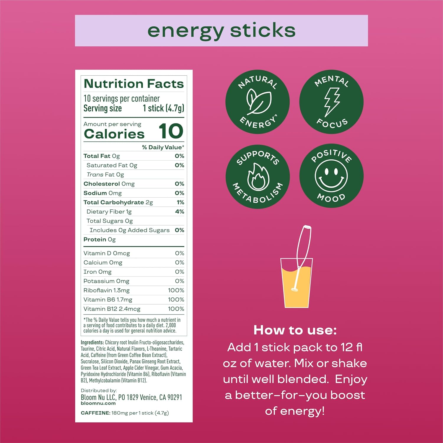 Bloom Nutrition Energy Drink Powder Packets, Sugar Free Energy Drink Mix with L-Theanine, B Vitamins & Natural Caffeine, On the Go Powder Sticks for Natural Energy, 10 Calories (10 Pouches (Pack of 1), Cherry Lime) - Image 2