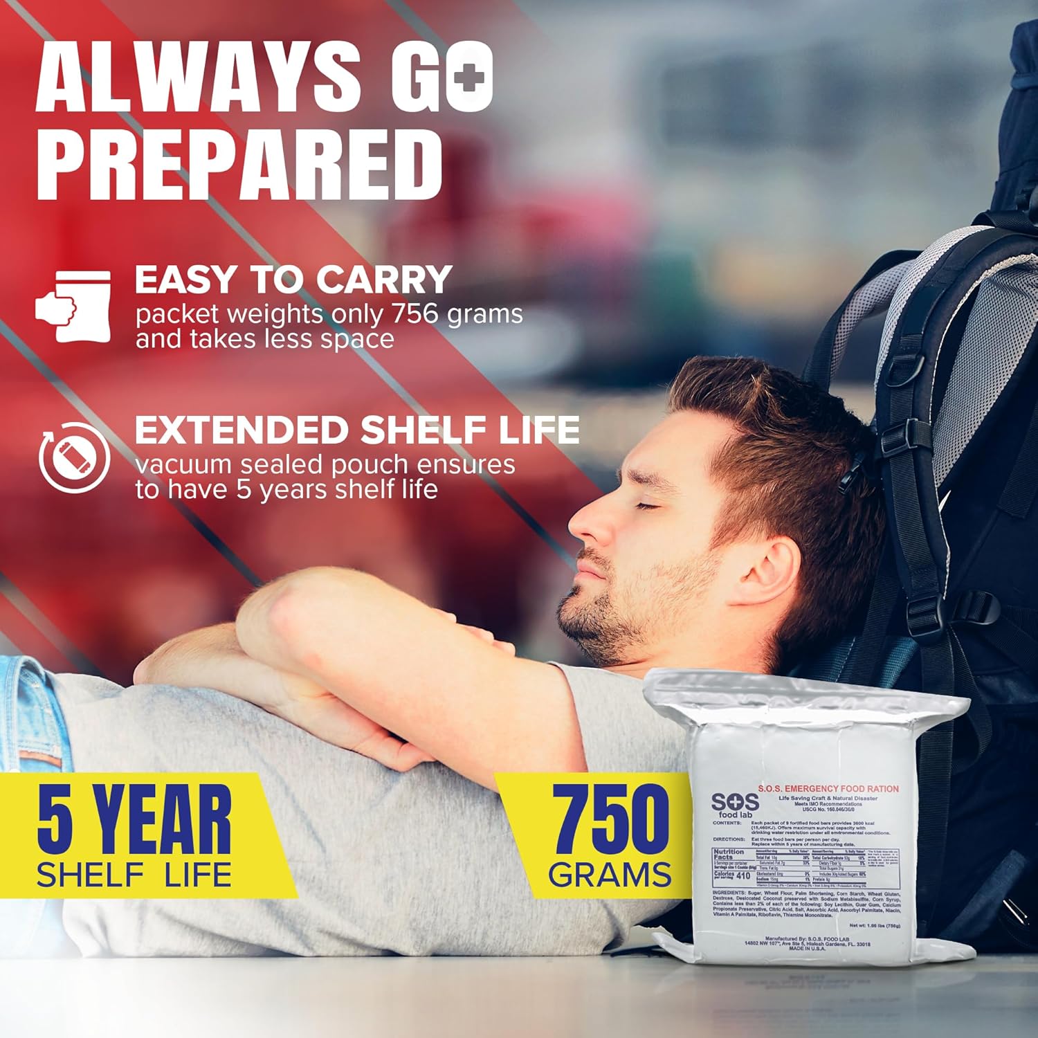 SOS Food Labs, Inc. 185000825 S.O.S. Rations Emergency 3600 Calorie Food bar - 3 Day/ 72 Hour Package with 5 Year Shelf Life, 5" Height, 2" Wide, 4.5" Length, white - Image 2