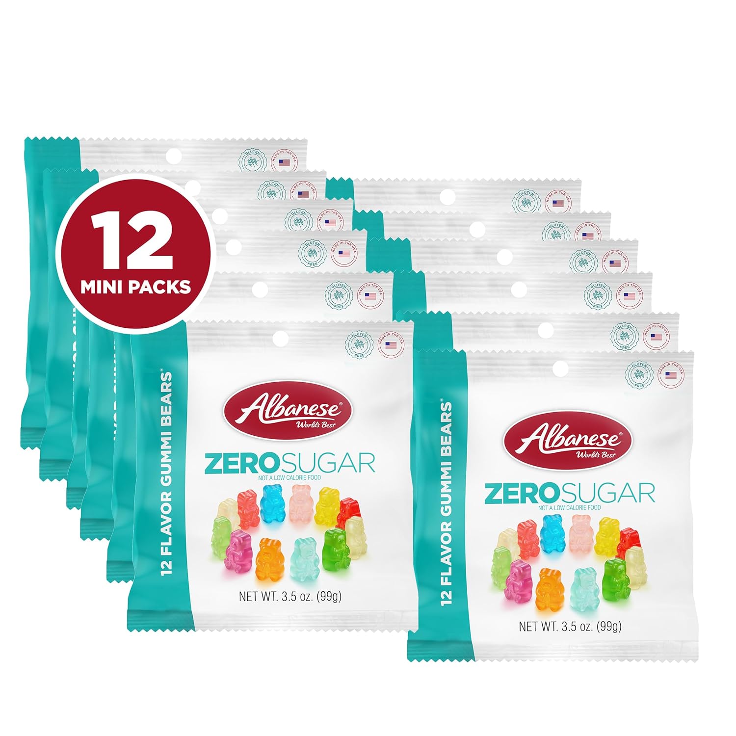 Albanese Candy, Sugar Free 12 Flavor Gummi Bears, 3.5 oz. Bag, Pack of 12