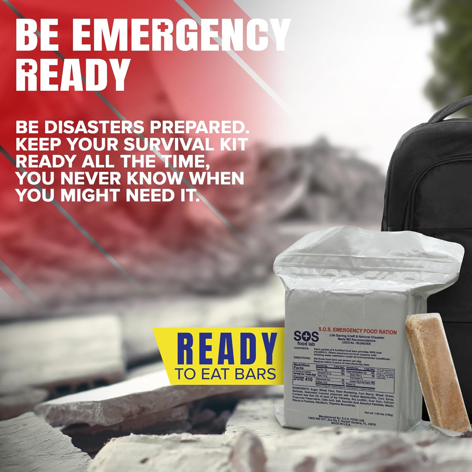 SOS Food Labs, Inc. 185000825 S.O.S. Rations Emergency 3600 Calorie Food bar - 3 Day/ 72 Hour Package with 5 Year Shelf Life, 5" Height, 2" Wide, 4.5" Length, white - Image 3