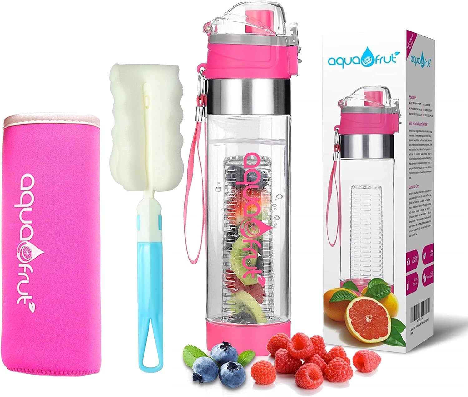 NEW AquaFrut Unique Bottom Loading Fruit Infuser Water Bottle Complete Bundle Includes Bottle Brush, Insulating Sleeve & Infusion Recipe eBook. Leak Proof Sweat Proof BPA-Free (Pink)
