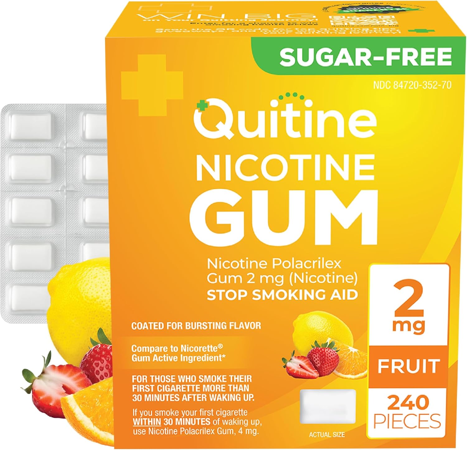 Quitine Nicotine Gum 2mg, Fruit Flavor, Stop Smoking Aid – Relieve Nicotine Cravings with Affordable NRT | Coated for Quick-Burst Flavor, 240 Count, Traditional Gum to Support Your Quit Journey