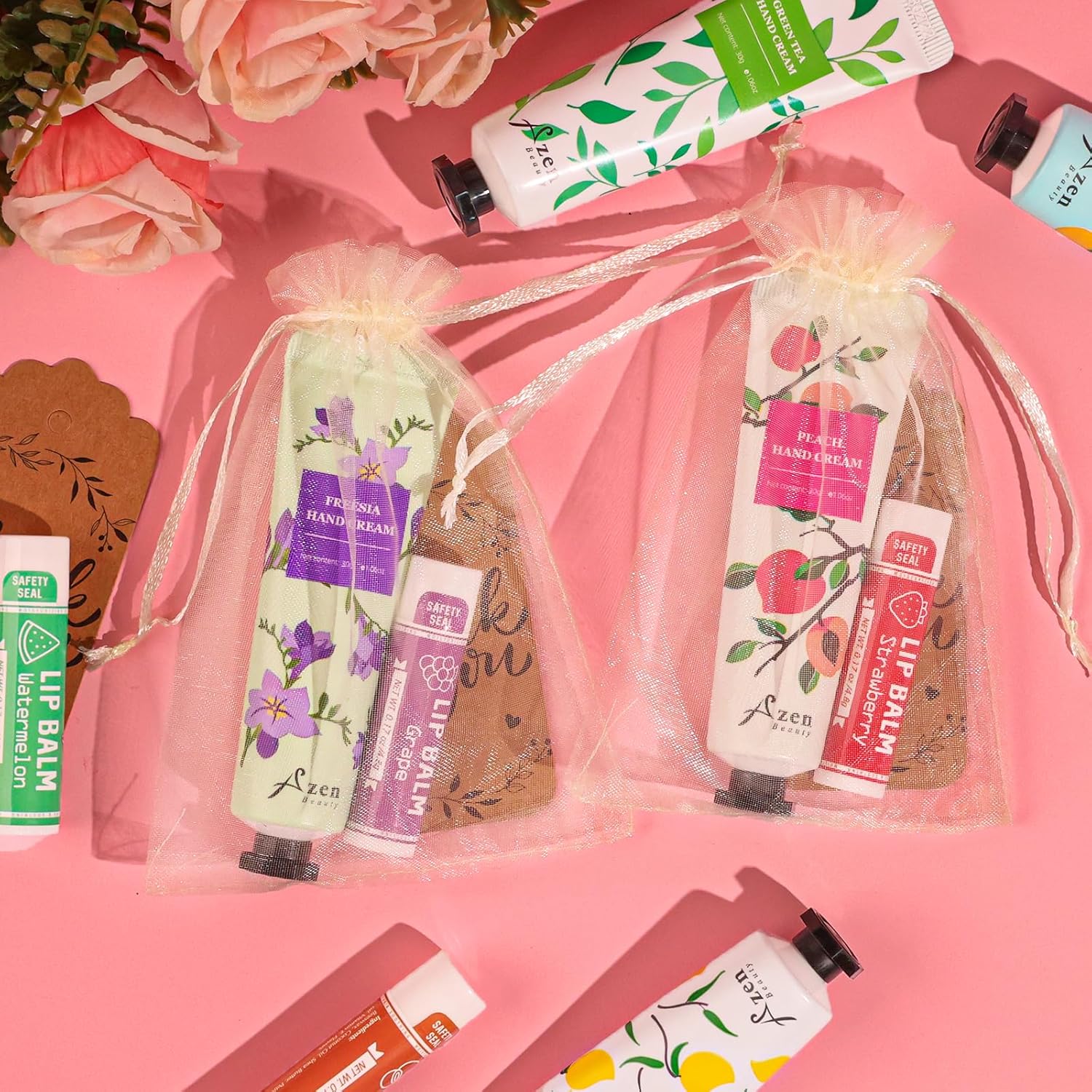 AZEN 30 Sets Bulk Gifts, Hand Cream and Lip Balm Bulk Set with Organza Bag Thank You Card, Baby Shower Wedding Gifts for Guests, Bridal Wedding Favors - Image 3