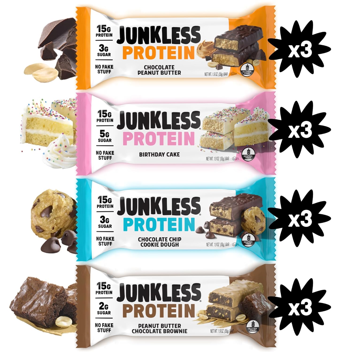 JUNKLESS Protein Bars - 12 Bar Variety Pack - 15g Protein, High Fiber, Gluten Free, Meal Replacement - Delicious, Indulgent, Satisfying, Healthy Snack for Energy