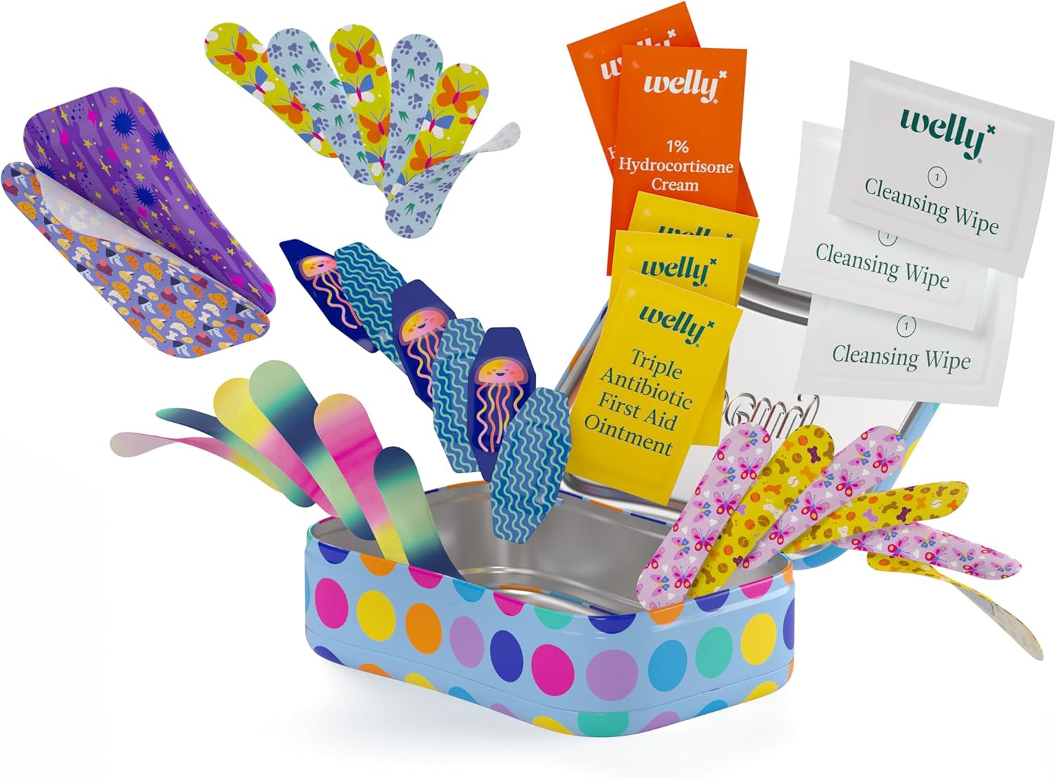 Welly First Aid Kit - FSA Eligible - Adhesive Bandages in Flexible Fabric and Waterproof, Single Use Ointments (Triple Antibiotic, Cleansing Wipes and Hydrocortisone) - 70 Count - Image 3