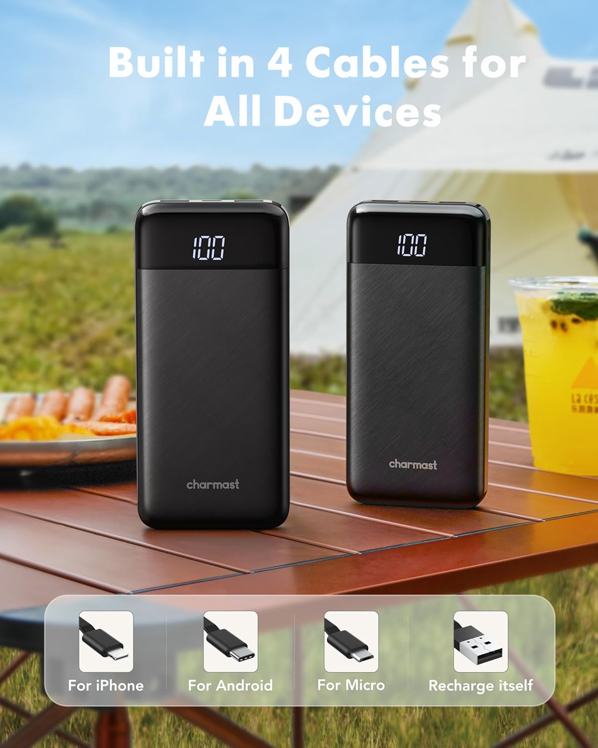 charmast Portable Charger with Built in Cables, Power Bank with Cords Wires, Slim 10000mAh Travel Battery Pack 6 Outputs 3 Inputs 3A Fast Charging for Samsung Google Pixel LG Moto iPhone iPad - Image 3