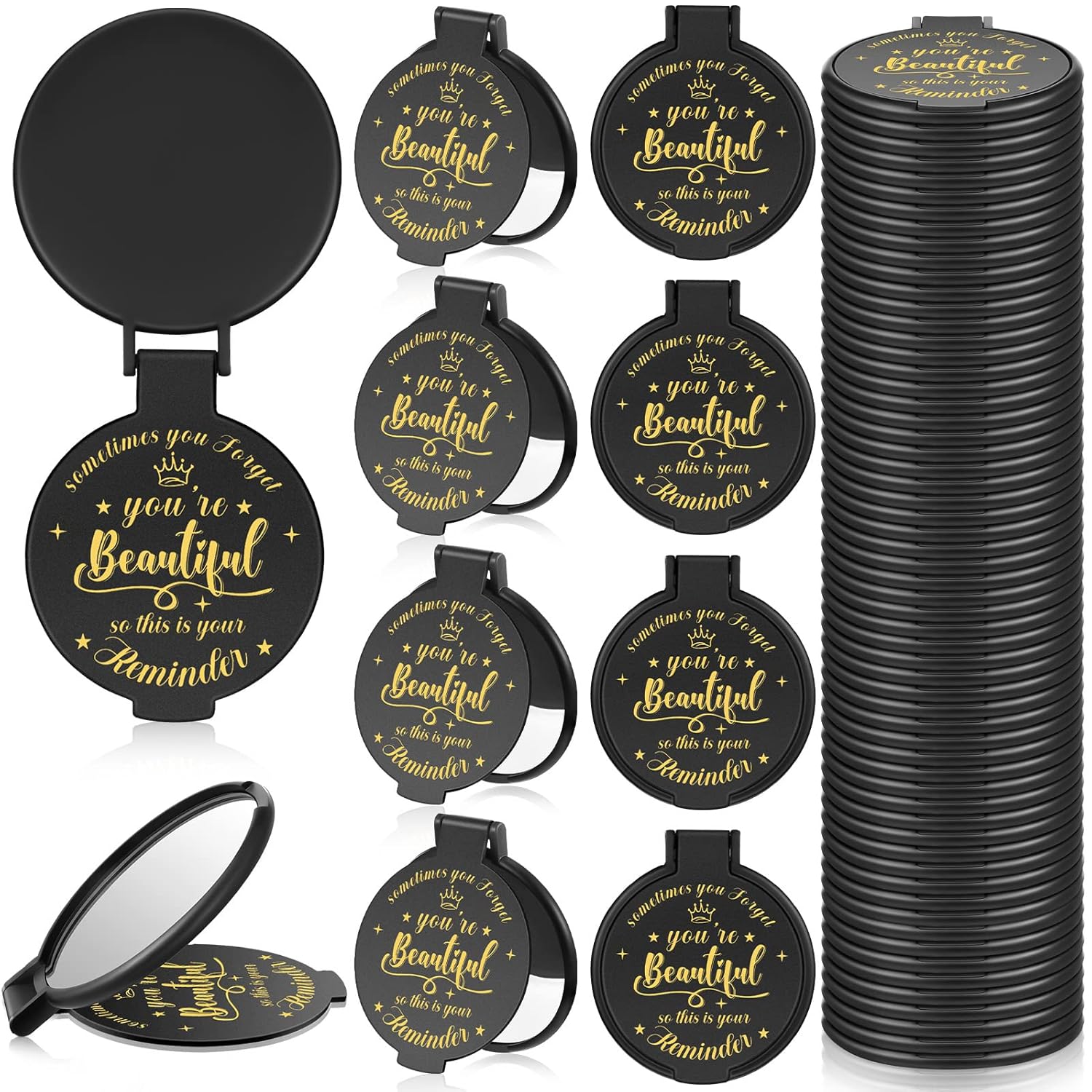 36 Pcs 2.76 Inch Inspirational Compact Mirror Bulk Women Small Gifts Graduation Party Favors Purse Mirror Pocket Mini Stuffer Items for Adult Coworker Cheerleader Employee (Black)